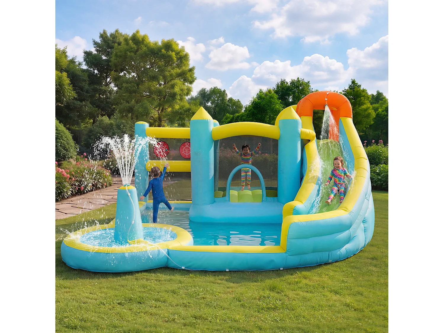 Château gonflable pour enfants 6-en-1 : Aire de Jeux avec Toboggan, Trampoline, Fontaine Centrale et Jeu de Lancer - Souffleur 450W - 430x390x210cm - Multicolore