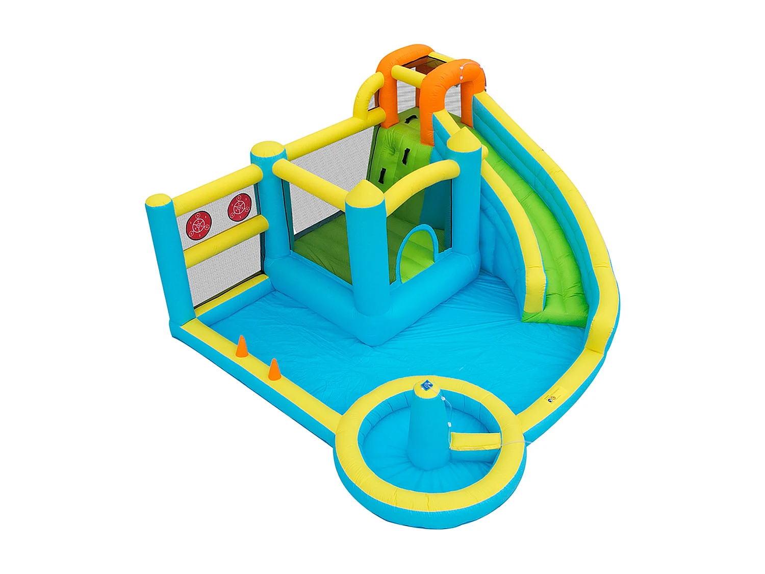 Château gonflable pour enfants 6-en-1 : Aire de Jeux avec Toboggan, Trampoline, Fontaine Centrale et Jeu de Lancer - Souffleur 450W - 430x390x210cm - Multicolore