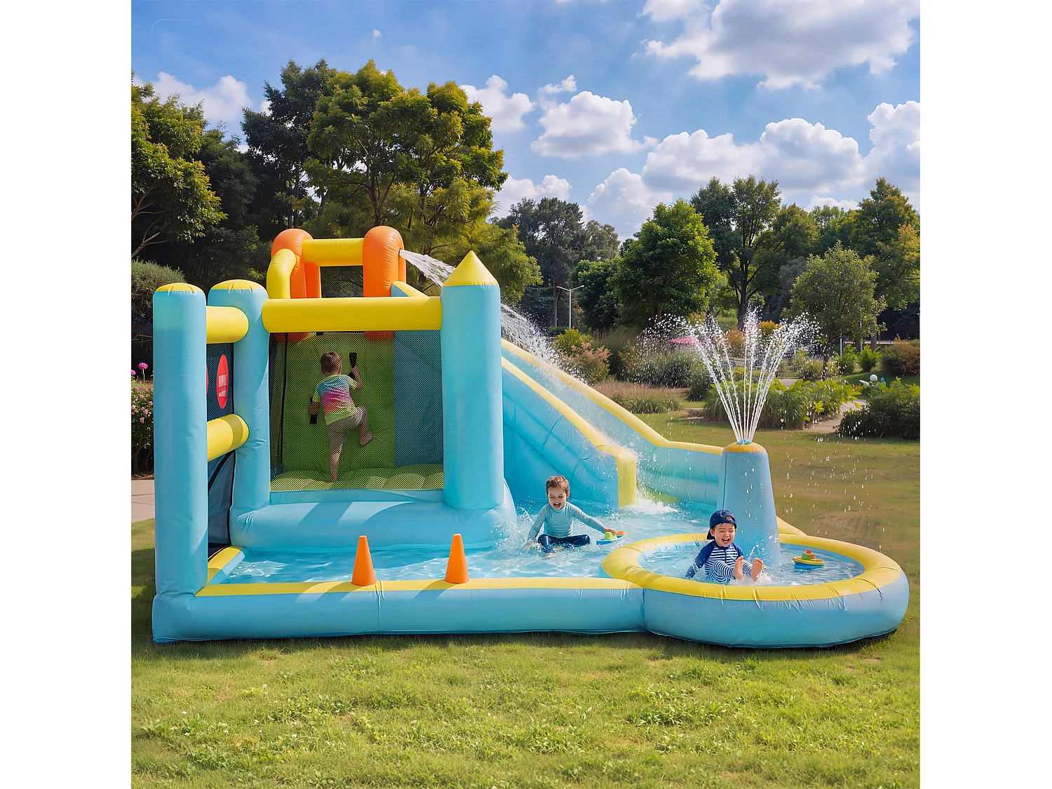 Château gonflable pour enfants 6-en-1 : Aire de Jeux avec Toboggan, Trampoline, Fontaine Centrale et Jeu de Lancer - Souffleur 450W - 430x390x210cm - Multicolore