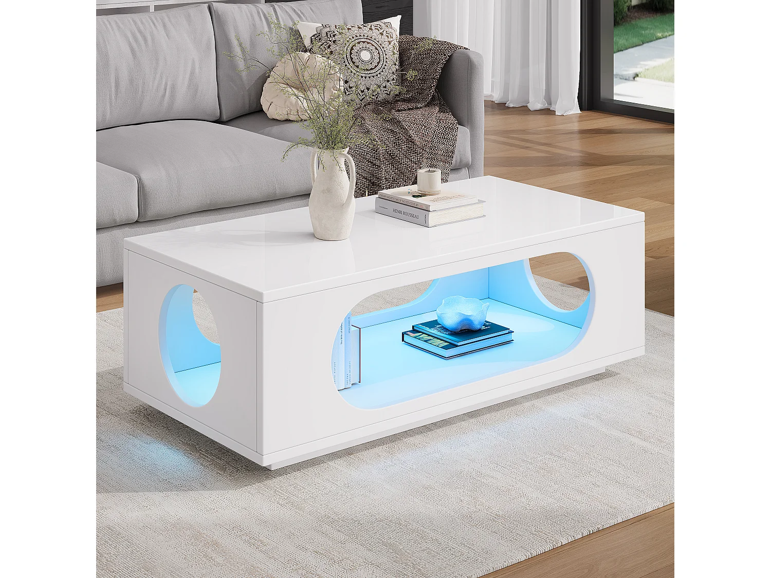 Hochglänzender Lack-Beistelltisch 100 x 50 x 35 cm - mit LED-Beleuchtung - durchbrochenes Design - MDF - weiß