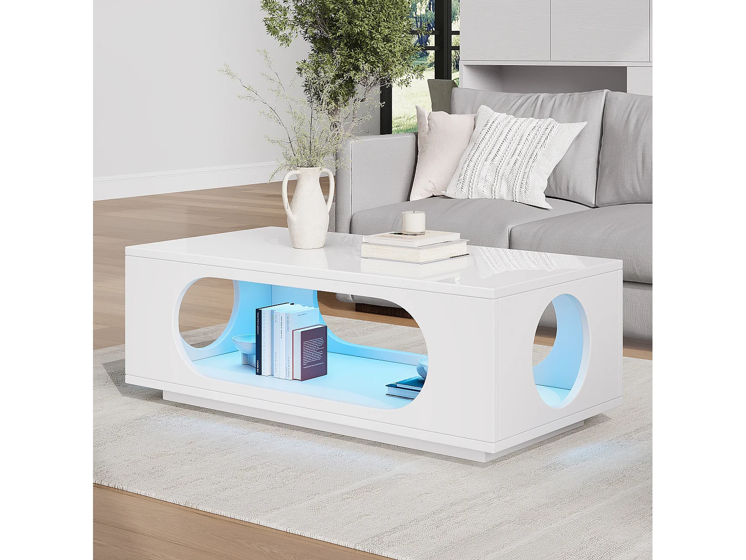 Hochglänzender Lack-Beistelltisch 100 x 50 x 35 cm - mit LED-Beleuchtung - durchbrochenes Design - MDF - weiß