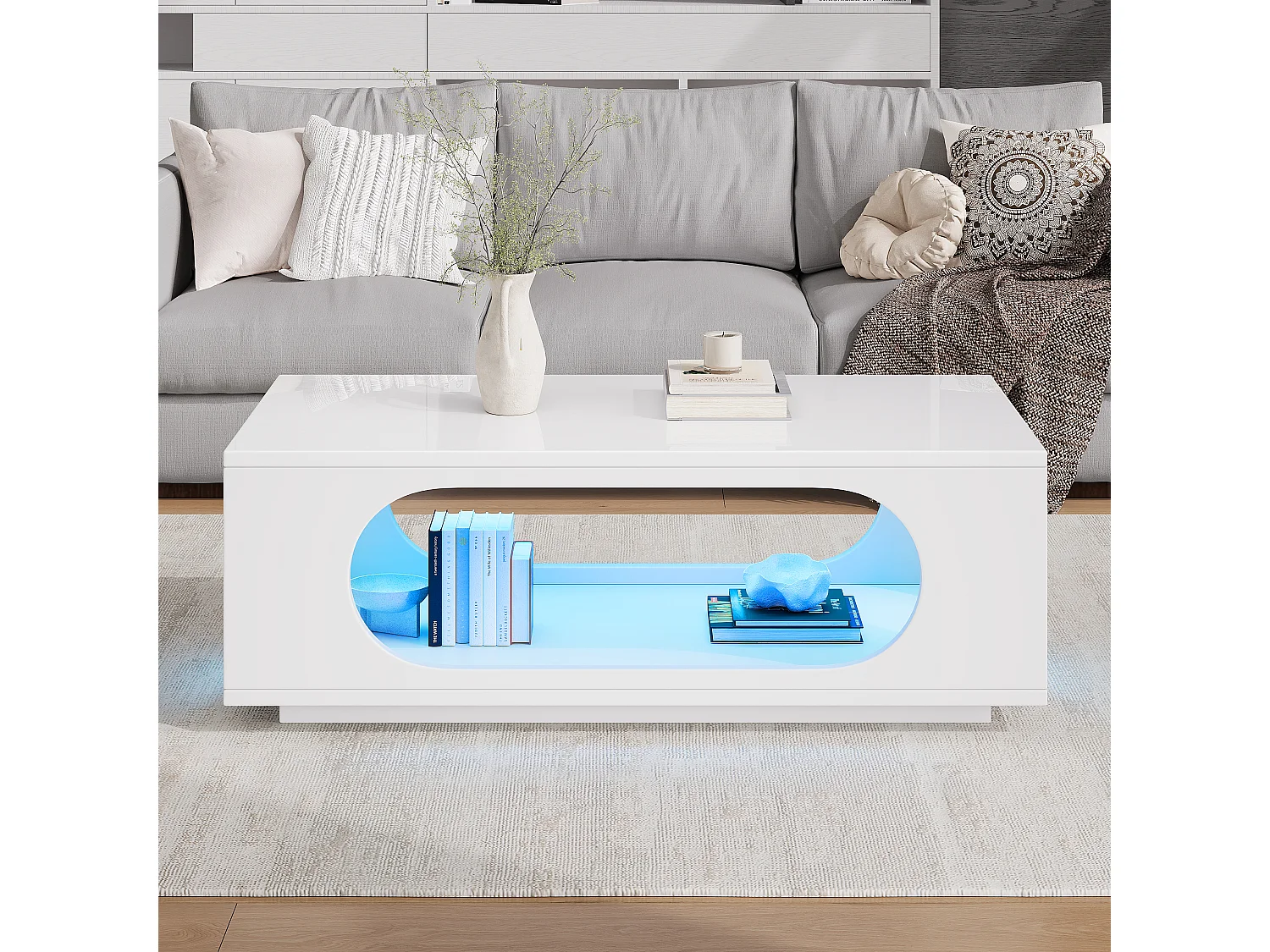 Hochglänzender Lack-Beistelltisch 100 x 50 x 35 cm - mit LED-Beleuchtung - durchbrochenes Design - MDF - weiß