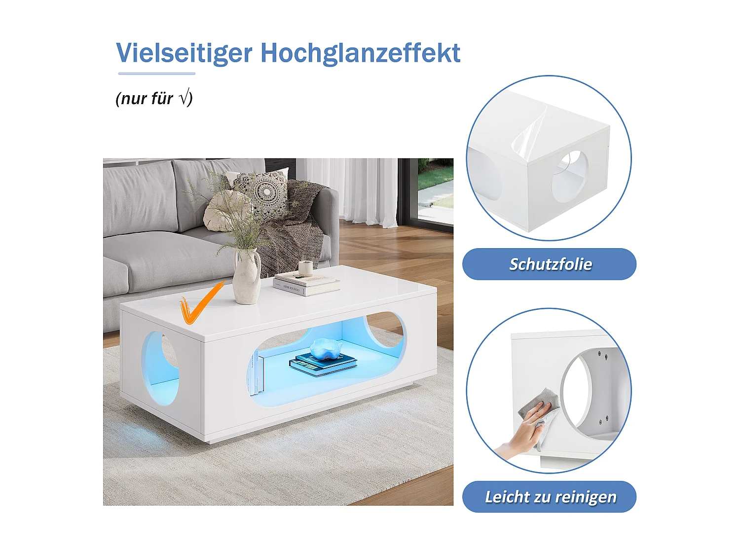 Hochglänzender Lack-Beistelltisch 100 x 50 x 35 cm - mit LED-Beleuchtung - durchbrochenes Design - MDF - weiß