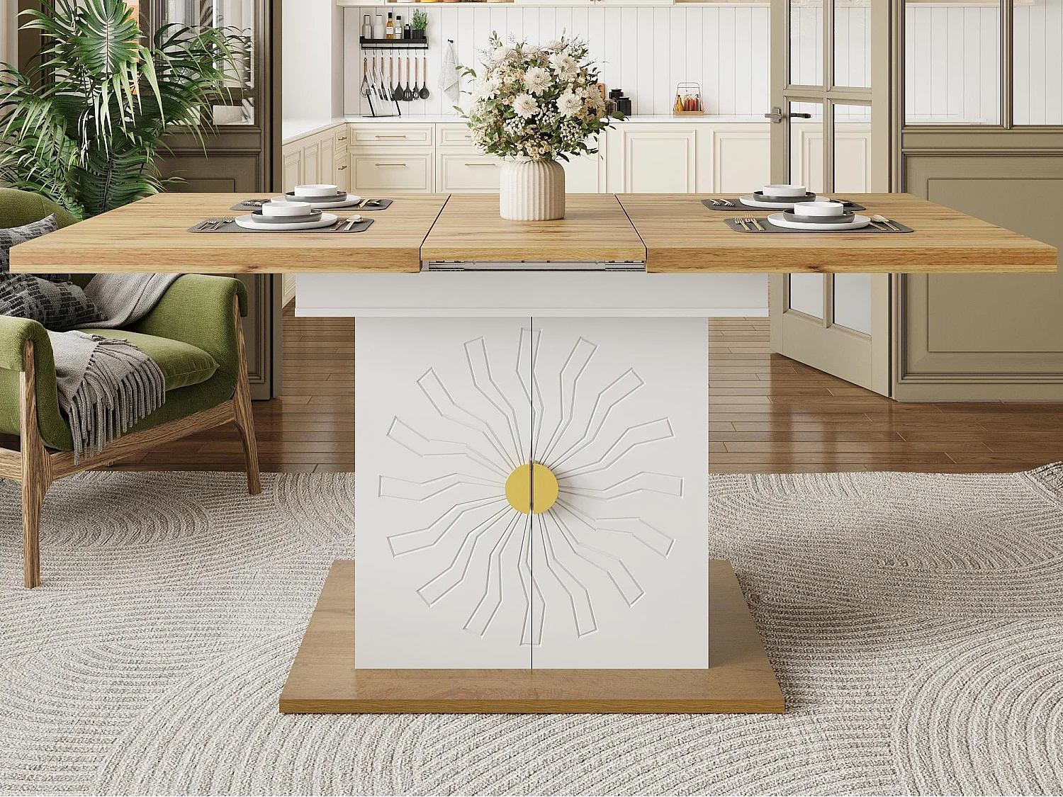 Table à manger extensible 110/140x70x76 cm - Pour 6 personnes - MDF + métal - avec meuble de rangement - Blanc