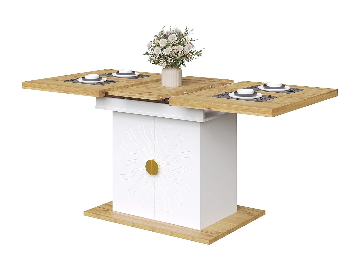 Table à manger extensible 110/140x70x76 cm - Pour 6 personnes - MDF + métal - avec meuble de rangement - Blanc