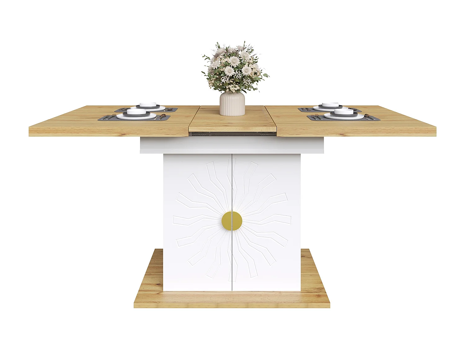 Table à manger extensible 110/140x70x76 cm - Pour 6 personnes - MDF + métal - avec meuble de rangement - Blanc