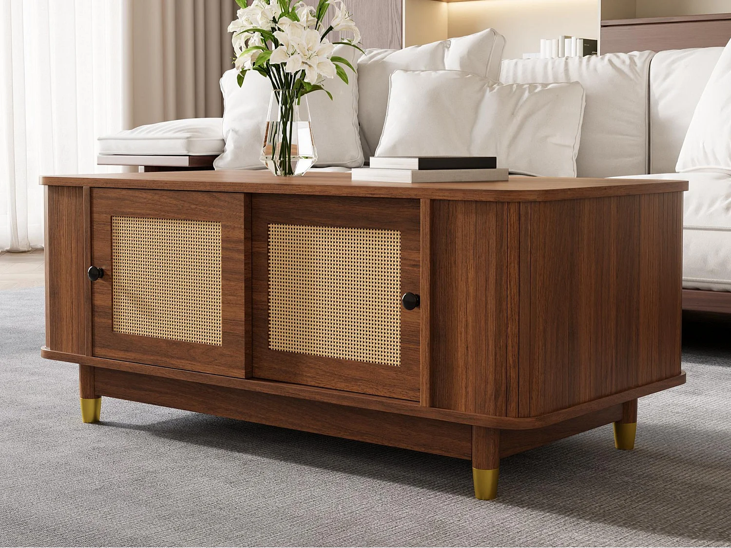 Beistelltisch aus Rattan 100x50x42 cm - 2 Schiebetüren - Abgerundete Ecken - Stauraum - Holzoptik - MDF - Braun