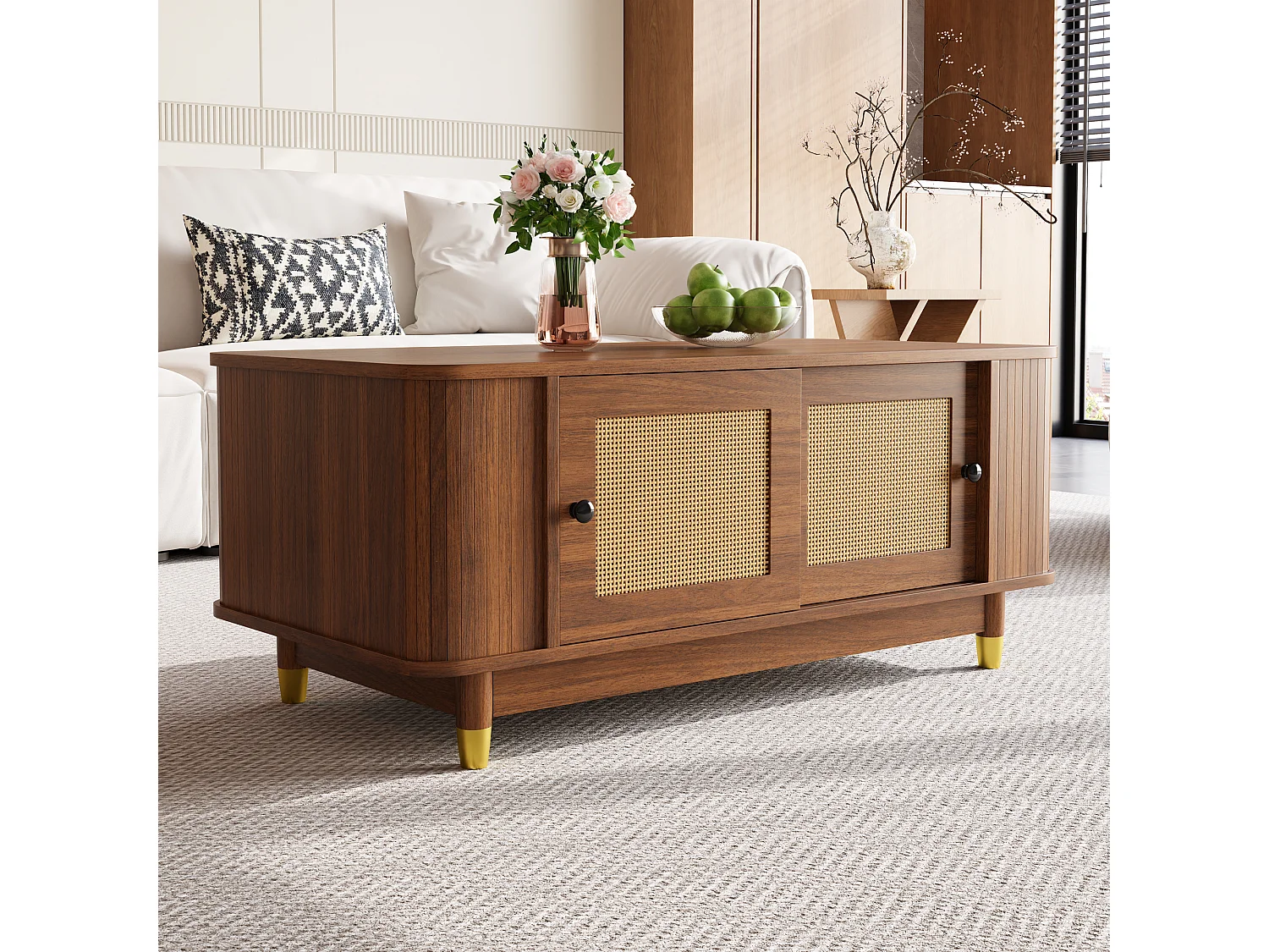 Beistelltisch aus Rattan 100x50x42 cm - 2 Schiebetüren - Abgerundete Ecken - Stauraum - Holzoptik - MDF - Braun