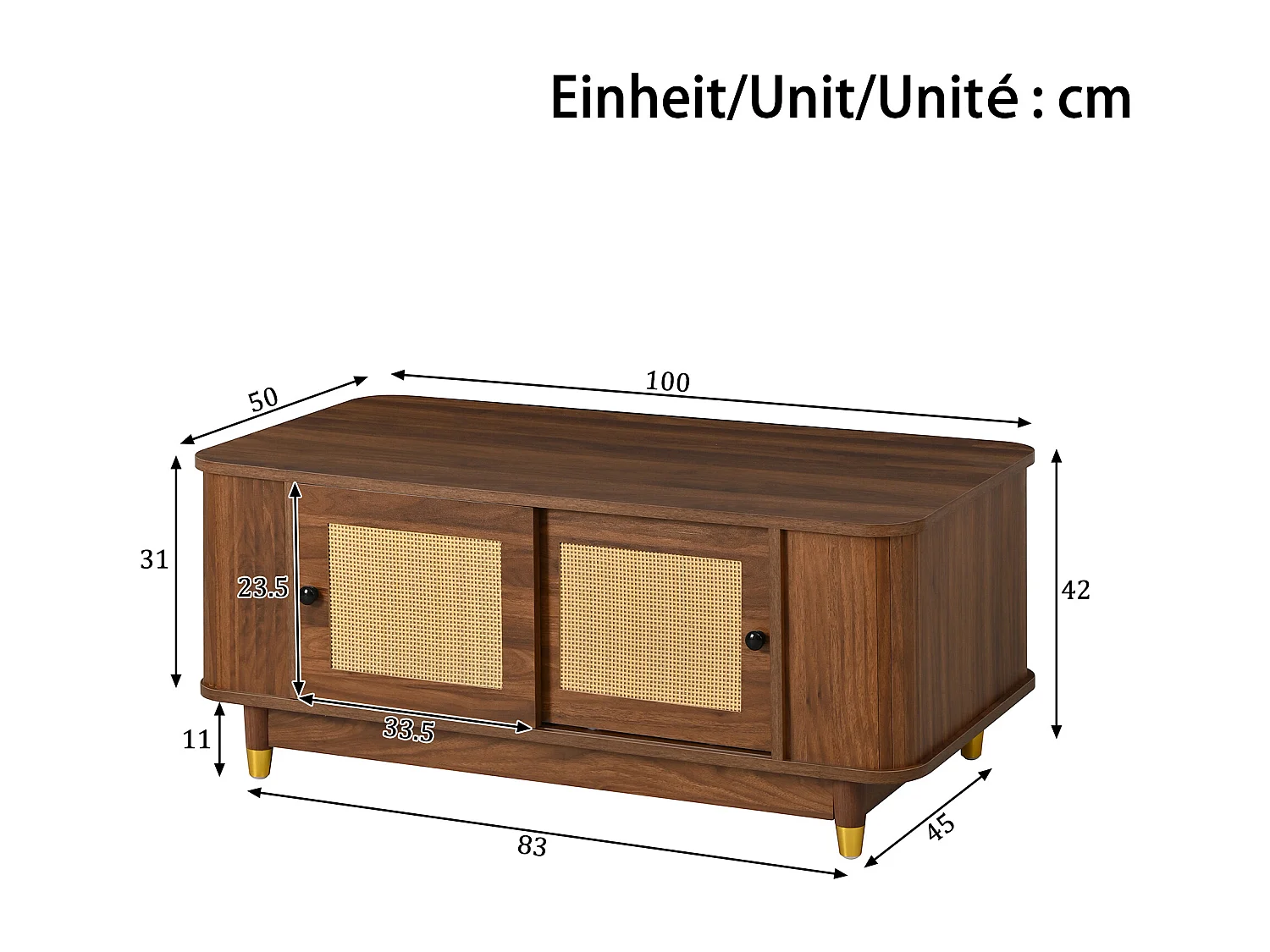 Beistelltisch aus Rattan 100x50x42 cm - 2 Schiebetüren - Abgerundete Ecken - Stauraum - Holzoptik - MDF - Braun
