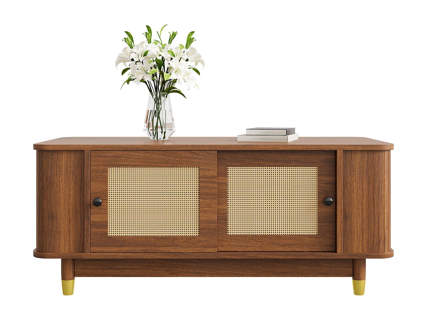 Beistelltisch aus Rattan 100x50x42 cm - 2 Schiebetüren - Abgerundete Ecken - Stauraum - Holzoptik - MDF - Braun