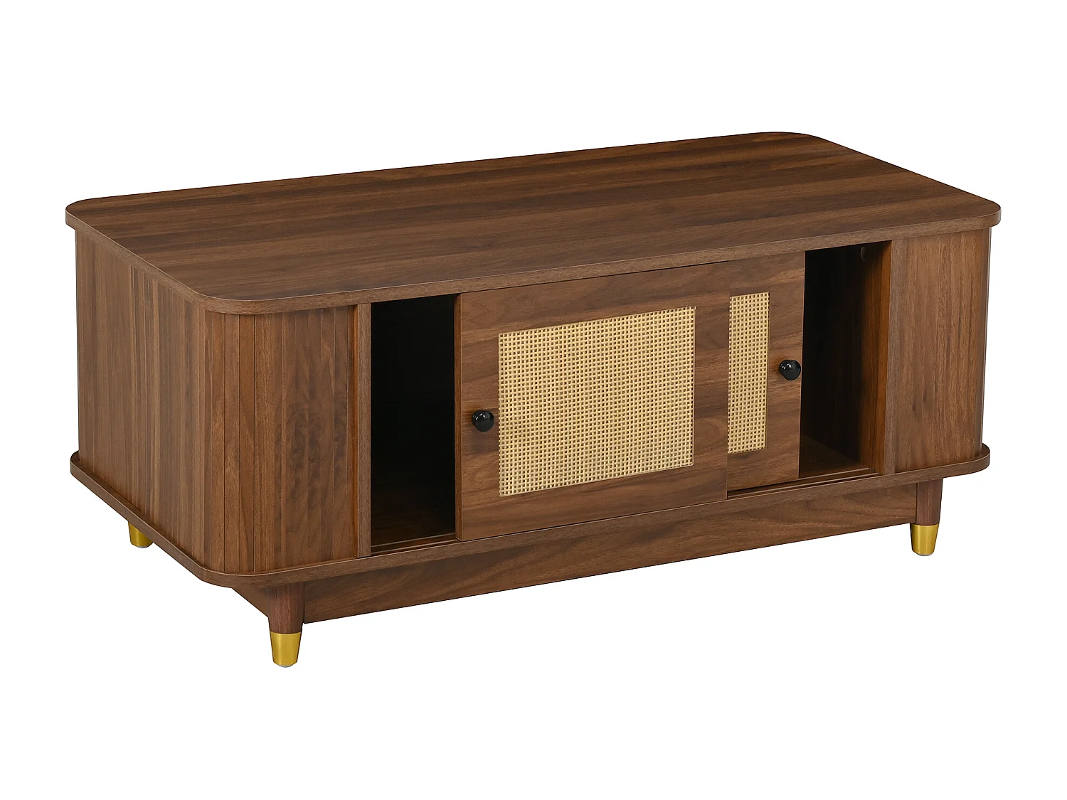 Beistelltisch aus Rattan 100x50x42 cm - 2 Schiebetüren - Abgerundete Ecken - Stauraum - Holzoptik - MDF - Braun