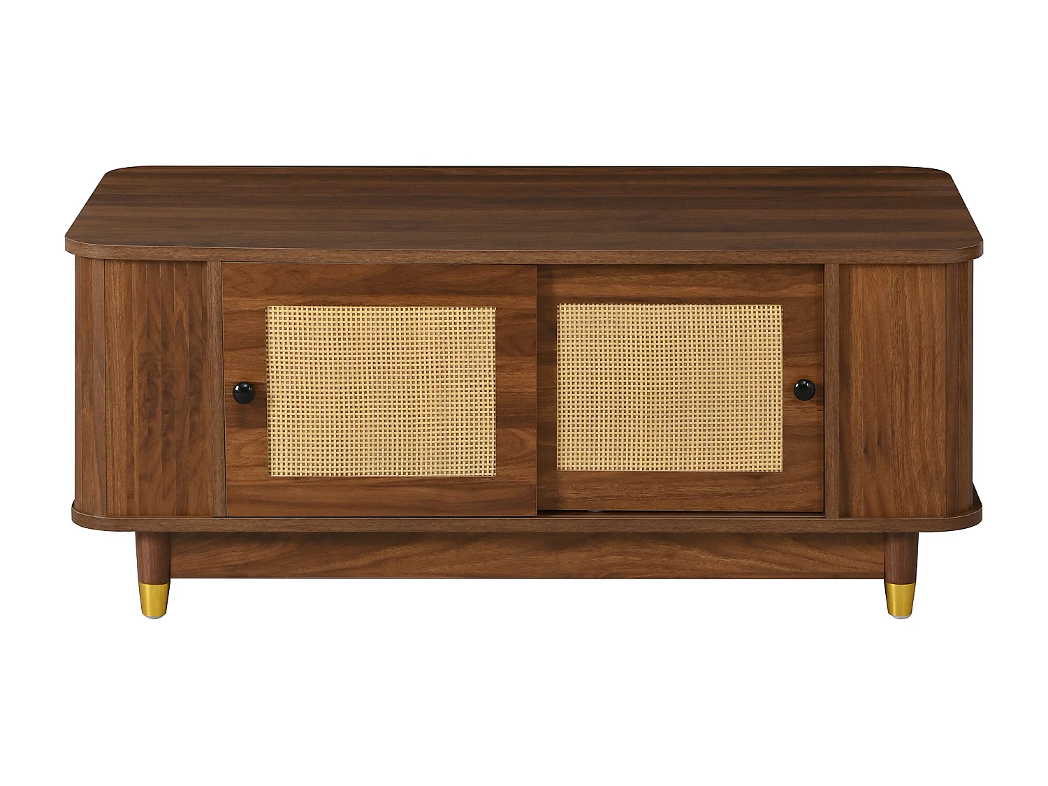 Beistelltisch aus Rattan 100x50x42 cm - 2 Schiebetüren - Abgerundete Ecken - Stauraum - Holzoptik - MDF - Braun