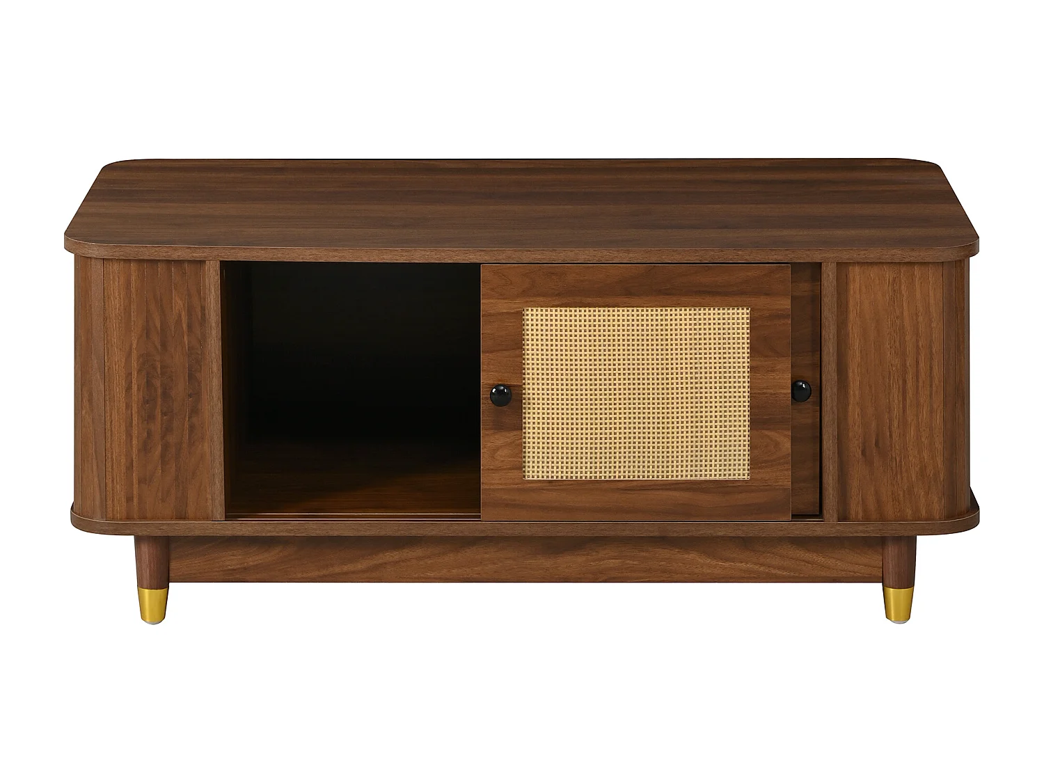Beistelltisch aus Rattan 100x50x42 cm - 2 Schiebetüren - Abgerundete Ecken - Stauraum - Holzoptik - MDF - Braun