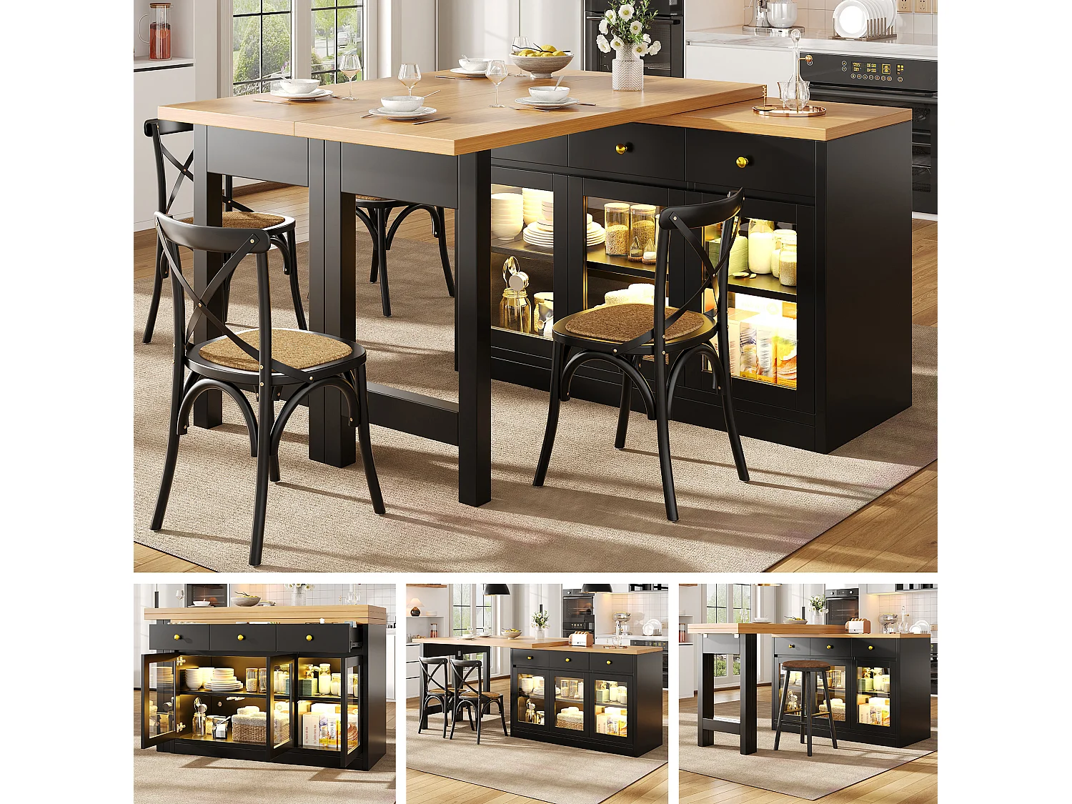 Îlot de cuisine extensible - 120-200 x 40 x 75 cm - avec Leds + tiroirs + portes vitrées - MDF - noir