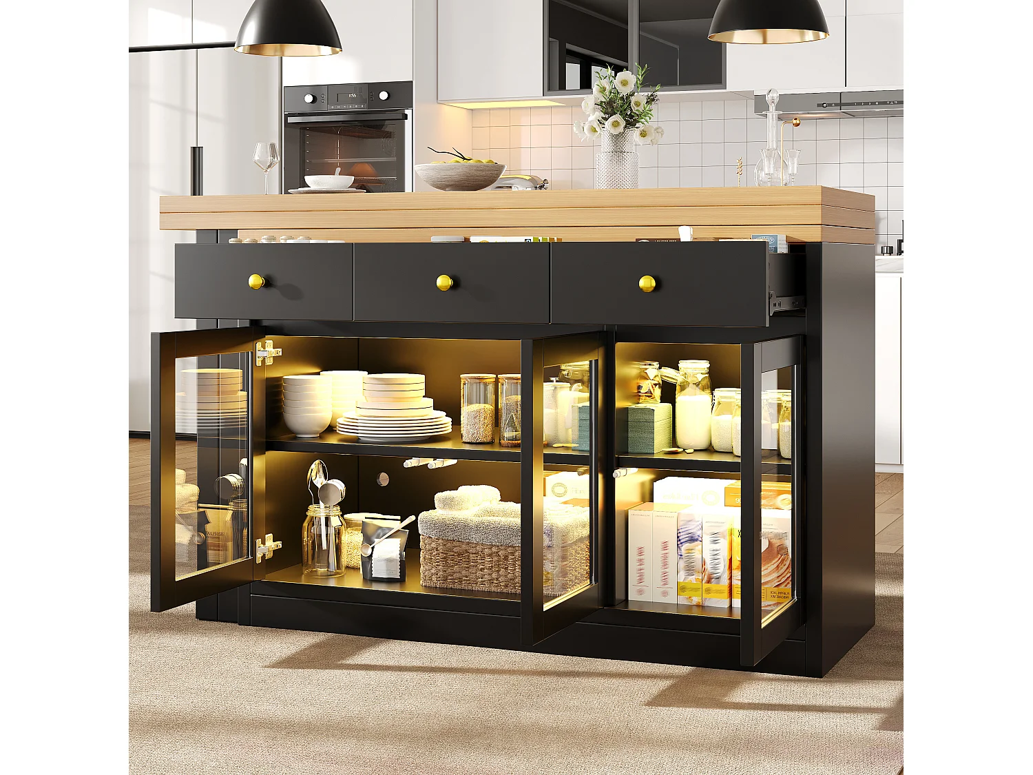 Îlot de cuisine extensible - 120-200 x 40 x 75 cm - avec Leds + tiroirs + portes vitrées - MDF - noir