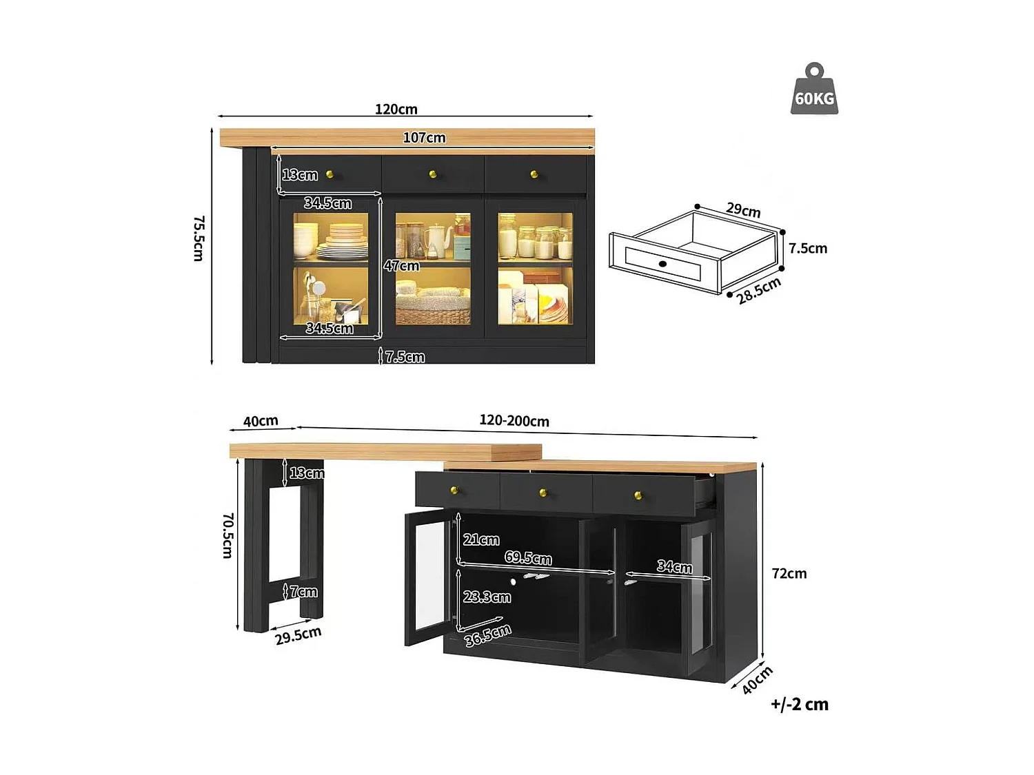 Îlot de cuisine extensible - 120-200 x 40 x 75 cm - avec Leds + tiroirs + portes vitrées - MDF - noir