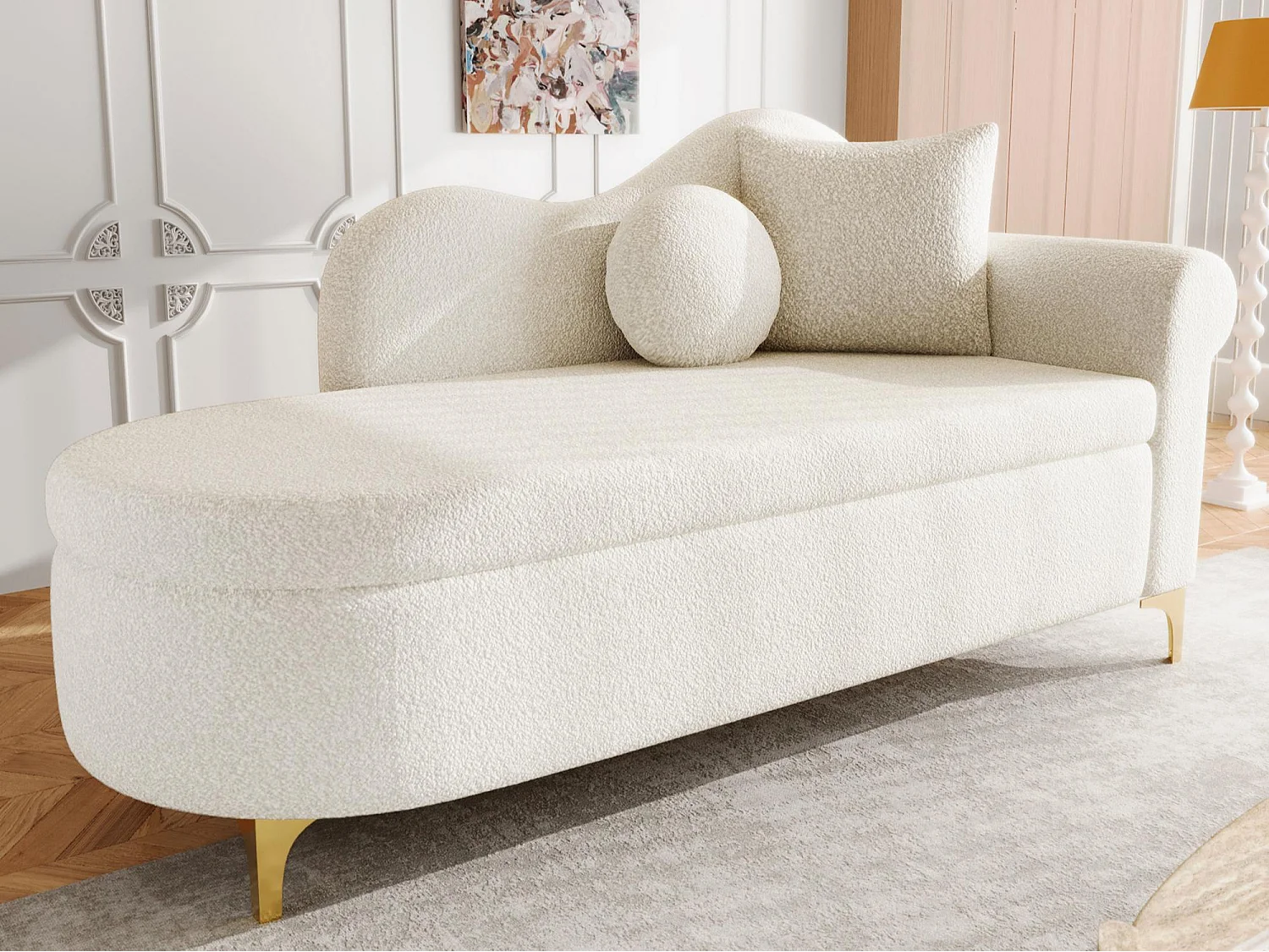 Canapé 1 place - Méridienne de rangement 134 cm - Dossier ondulé - Tissu polaire effet peluche - Coussin d'assise - Blanc cassé