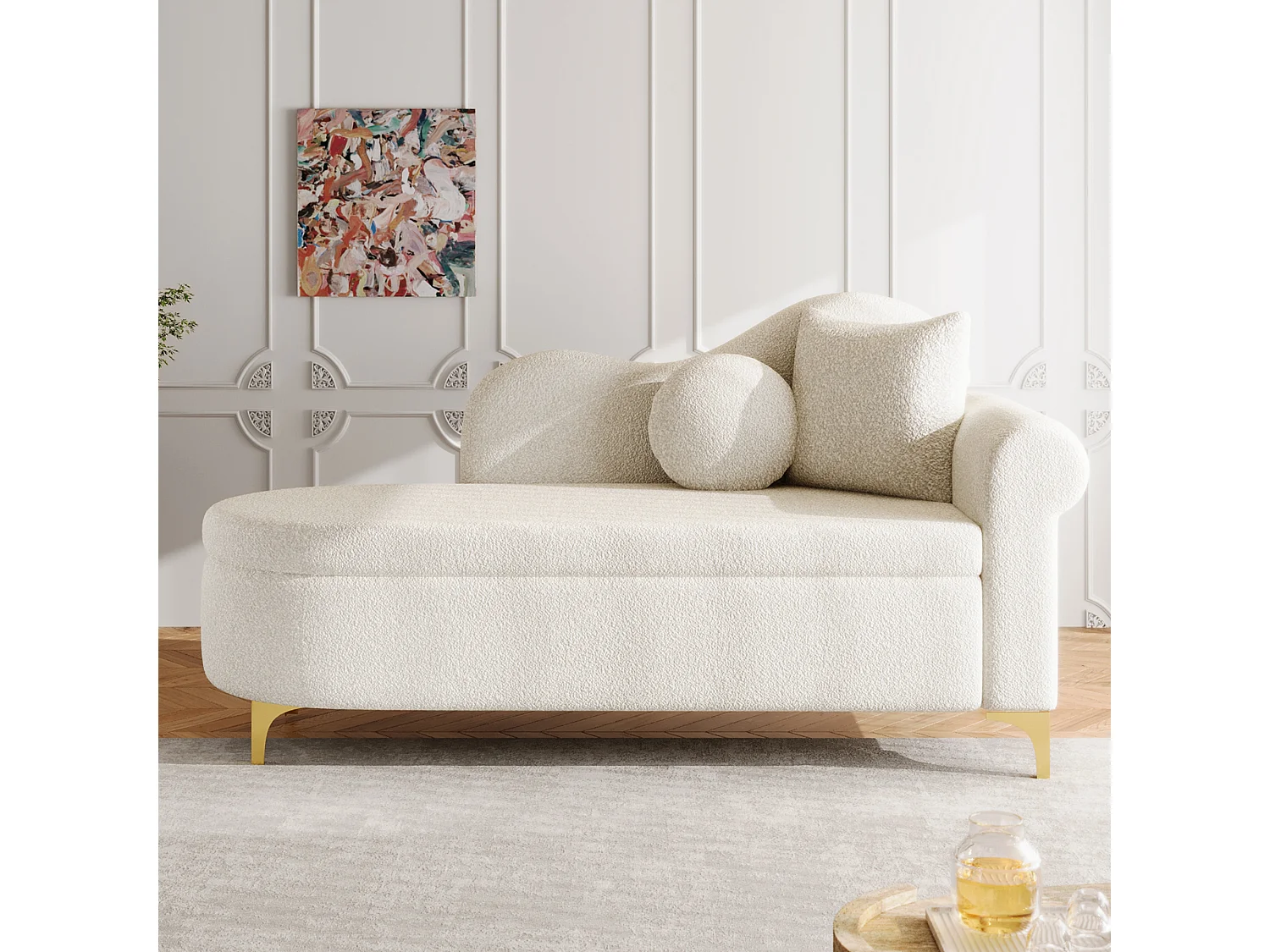 Canapé 1 place - Méridienne de rangement 134 cm - Dossier ondulé - Tissu polaire effet peluche - Coussin d'assise - Blanc cassé