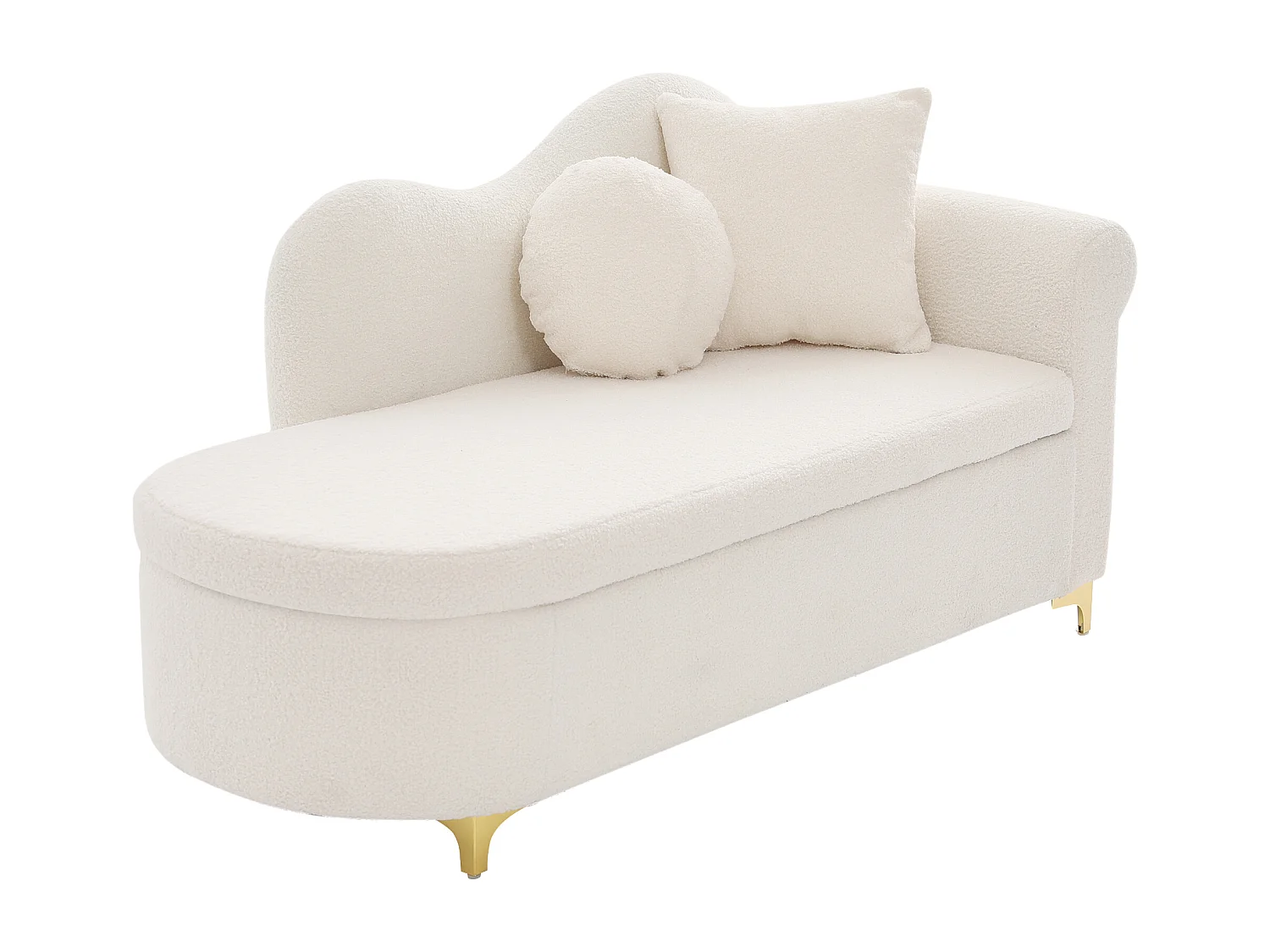 Canapé 1 place - Méridienne de rangement 134 cm - Dossier ondulé - Tissu polaire effet peluche - Coussin d'assise - Blanc cassé