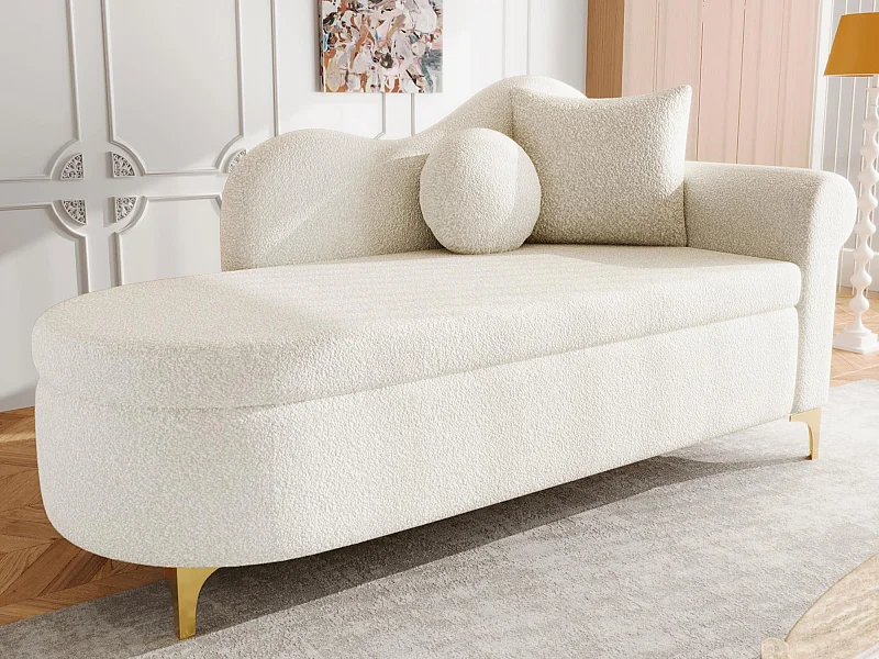 Sofá 1 lugar - Meridiana de armazenamento 134 cm - Encosto ondulado - Tecido polar efeito pelúcia - Almofada de assento - Branco quebrado