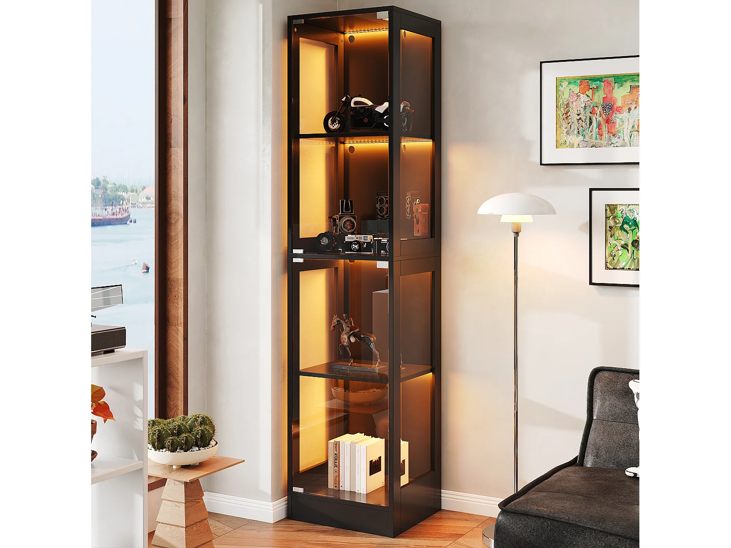 Glasvitrine 40x35x170cm - Vier Ebenen Stauraum - App-gesteuerte LED-Beleuchtung - 2 Türen - MDF - Schwarz