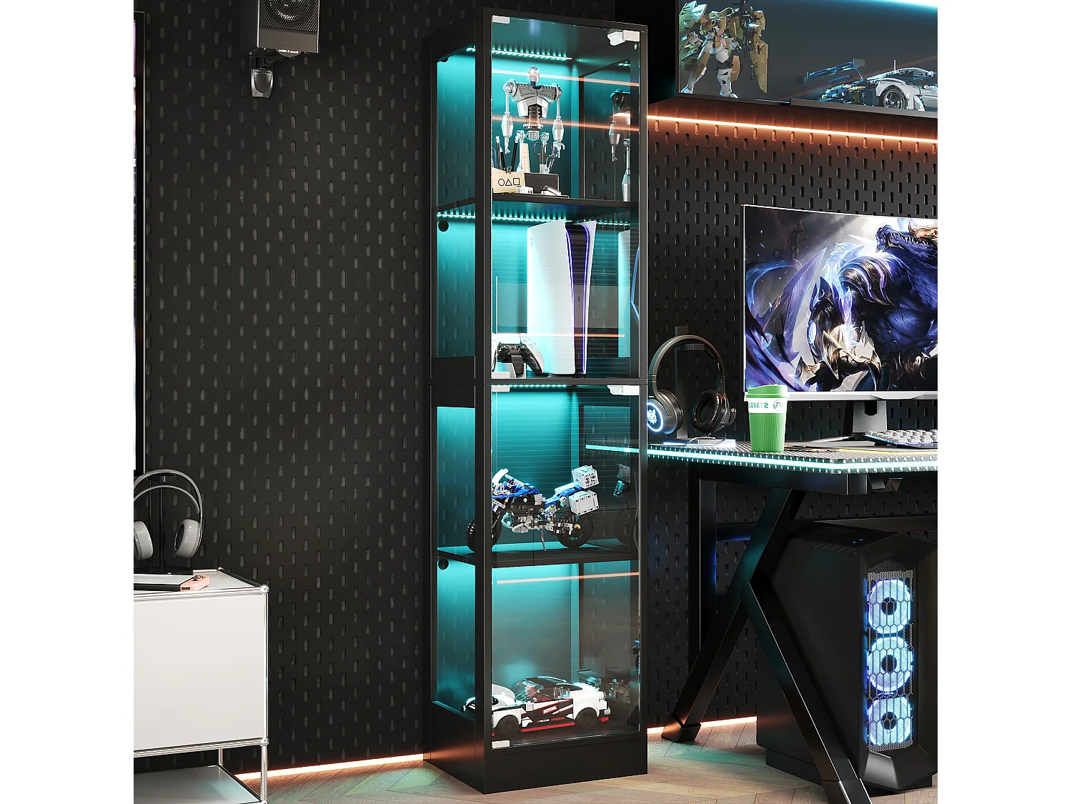 Glasvitrine 40x35x170cm - Vier Ebenen Stauraum - App-gesteuerte LED-Beleuchtung - 2 Türen - MDF - Schwarz