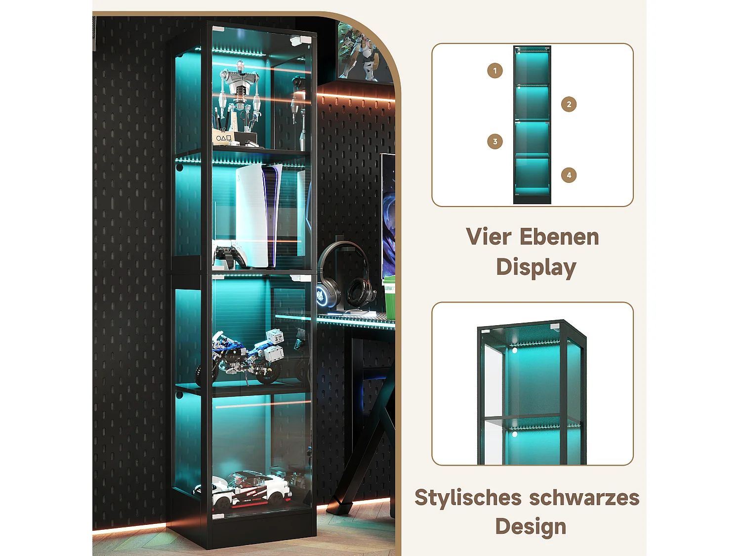 Glasvitrine 40x35x170cm - Vier Ebenen Stauraum - App-gesteuerte LED-Beleuchtung - 2 Türen - MDF - Schwarz