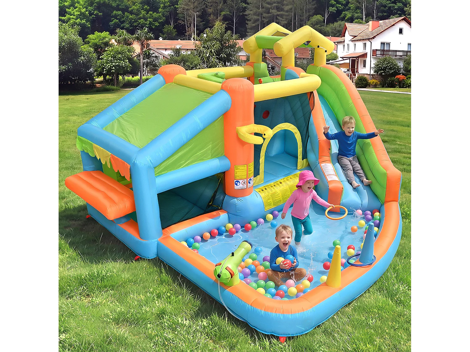 Château gonflable pour enfants 8-en-1 : Aire de Jeux avec Toboggan, Piscine, Cuisine Intégrée, Basket et Lancer d'Anneaux - Souffleur 580W - 360x350x210cm