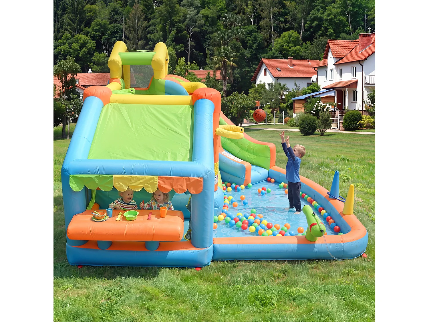 Château gonflable pour enfants 8-en-1 : Aire de Jeux avec Toboggan, Piscine, Cuisine Intégrée, Basket et Lancer d'Anneaux - Souffleur 580W - 360x350x210cm