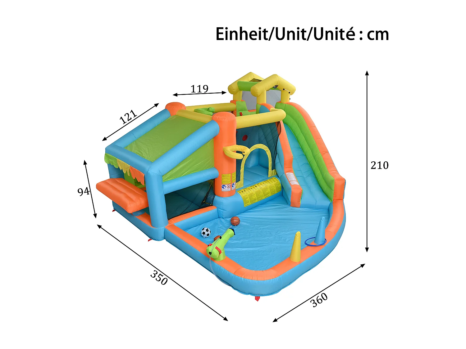 Château gonflable pour enfants 8-en-1 : Aire de Jeux avec Toboggan, Piscine, Cuisine Intégrée, Basket et Lancer d'Anneaux - Souffleur 580W - 360x350x210cm