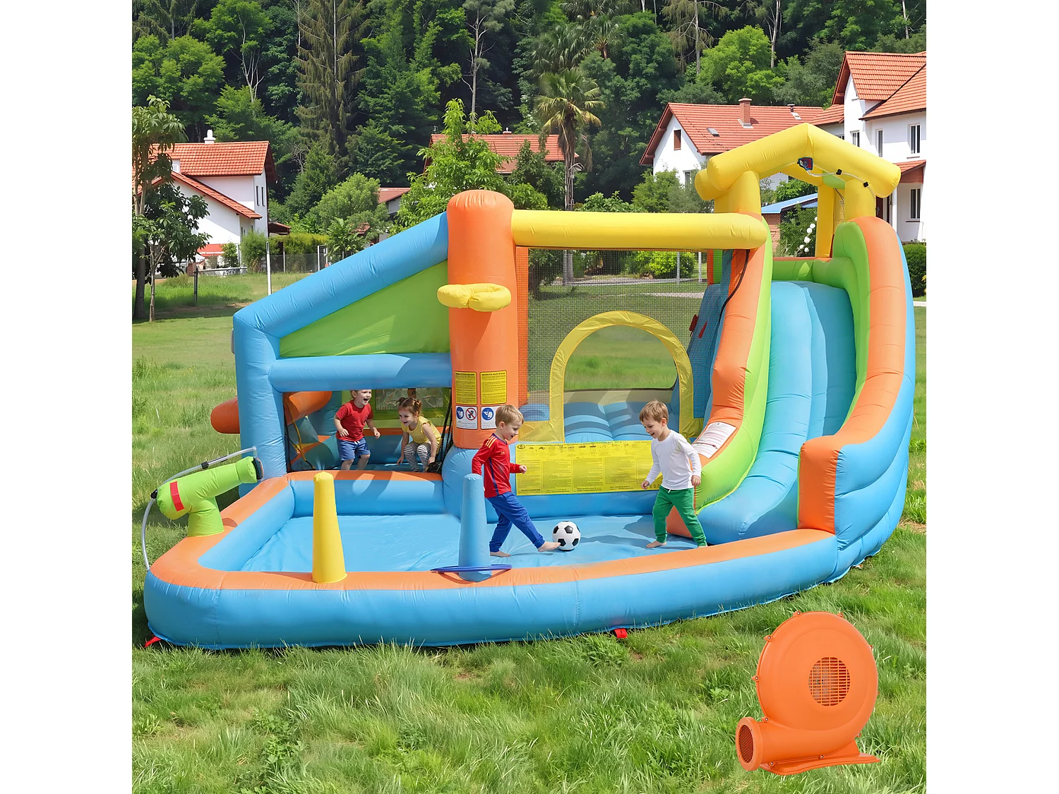 Château gonflable pour enfants 8-en-1 : Aire de Jeux avec Toboggan, Piscine, Cuisine Intégrée, Basket et Lancer d'Anneaux - Souffleur 580W - 360x350x210cm