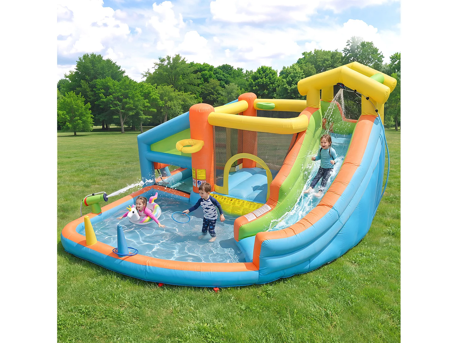 Château gonflable pour enfants 8-en-1 : Aire de Jeux avec Toboggan, Piscine, Cuisine Intégrée, Basket et Lancer d'Anneaux - Souffleur 580W - 360x350x210cm
