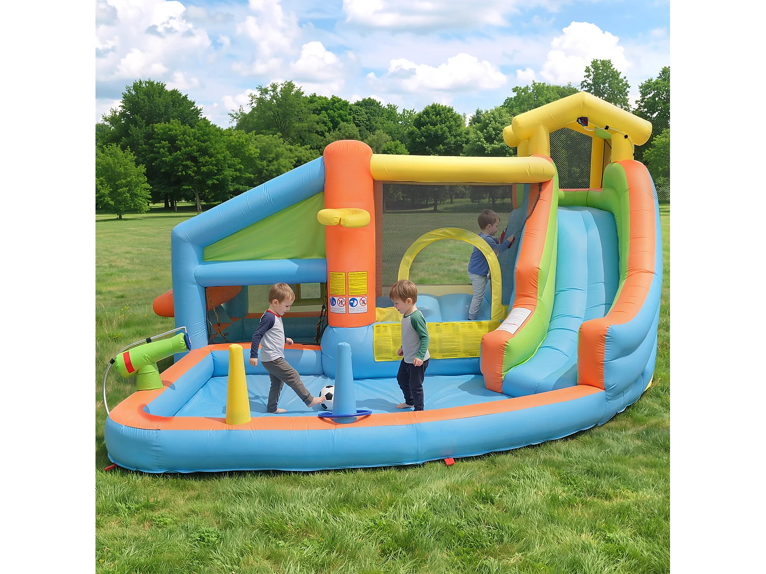 Château gonflable pour enfants 8-en-1 : Aire de Jeux avec Toboggan, Piscine, Cuisine Intégrée, Basket et Lancer d'Anneaux - Souffleur 580W - 360x350x210cm