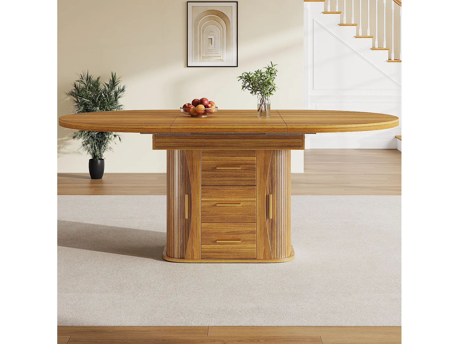 Table à manger extensible - MDF - Table ronde - 118-158 cm - 6 personnes - espace de stockage à 3 niveaux - Naturel