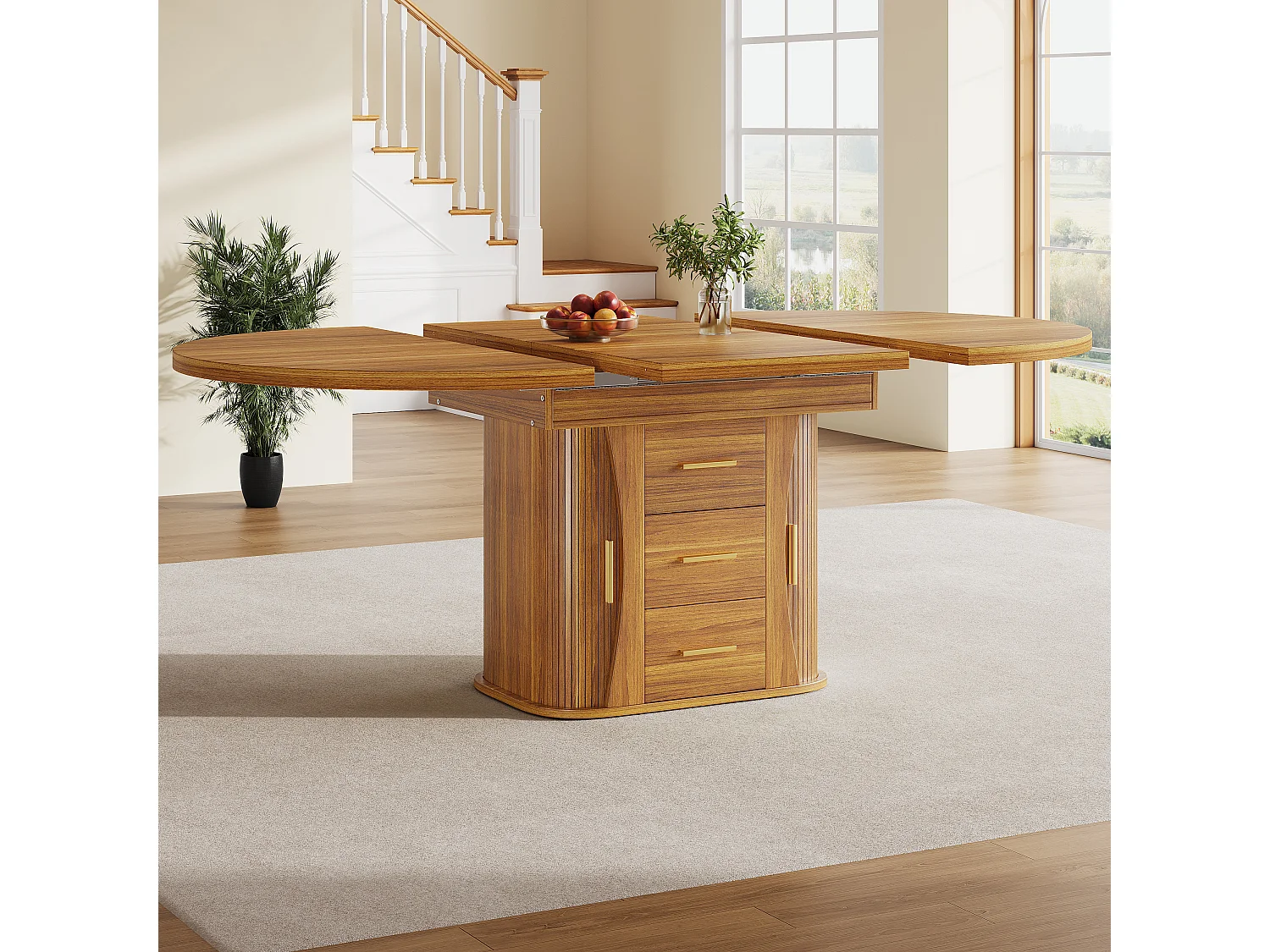 Table à manger extensible - MDF - Table ronde - 118-158 cm - 6 personnes - espace de stockage à 3 niveaux - Naturel