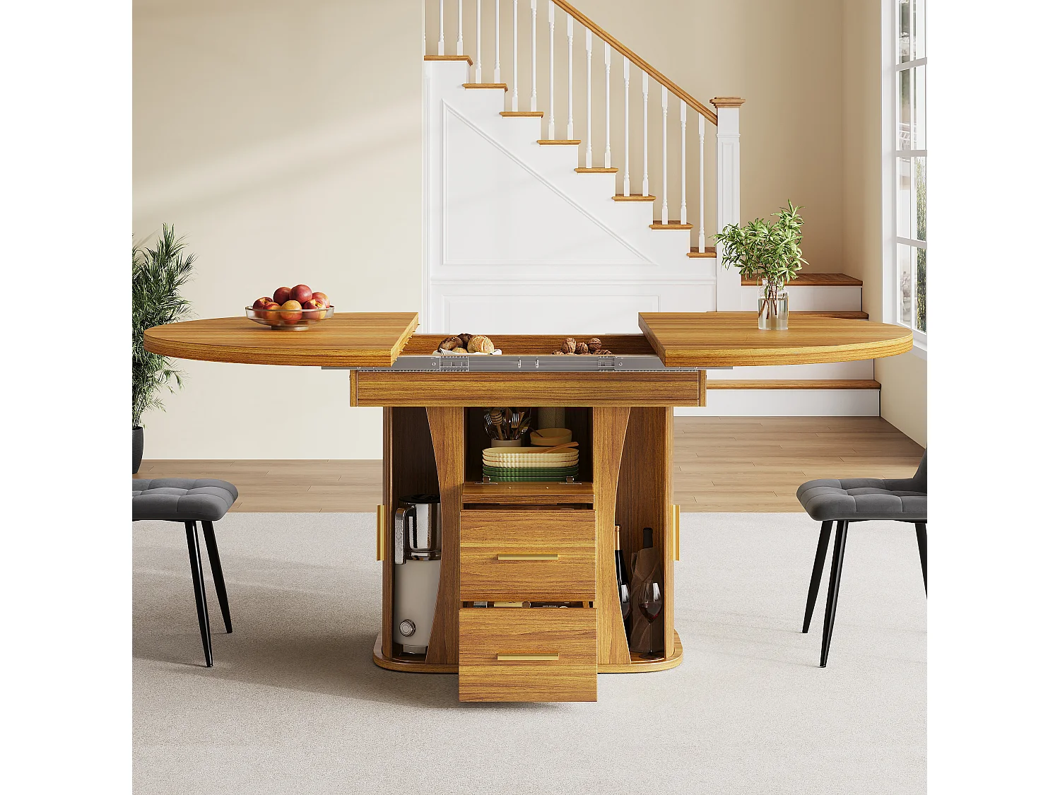 Table à manger extensible - MDF - Table ronde - 118-158 cm - 6 personnes - espace de stockage à 3 niveaux - Naturel