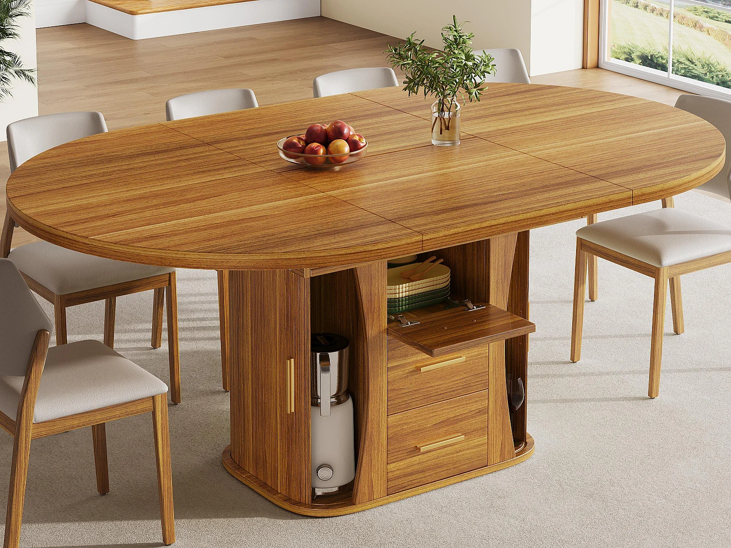 Table à manger extensible - MDF - Table ronde - 118-158 cm - 6 personnes - espace de stockage à 3 niveaux - Naturel