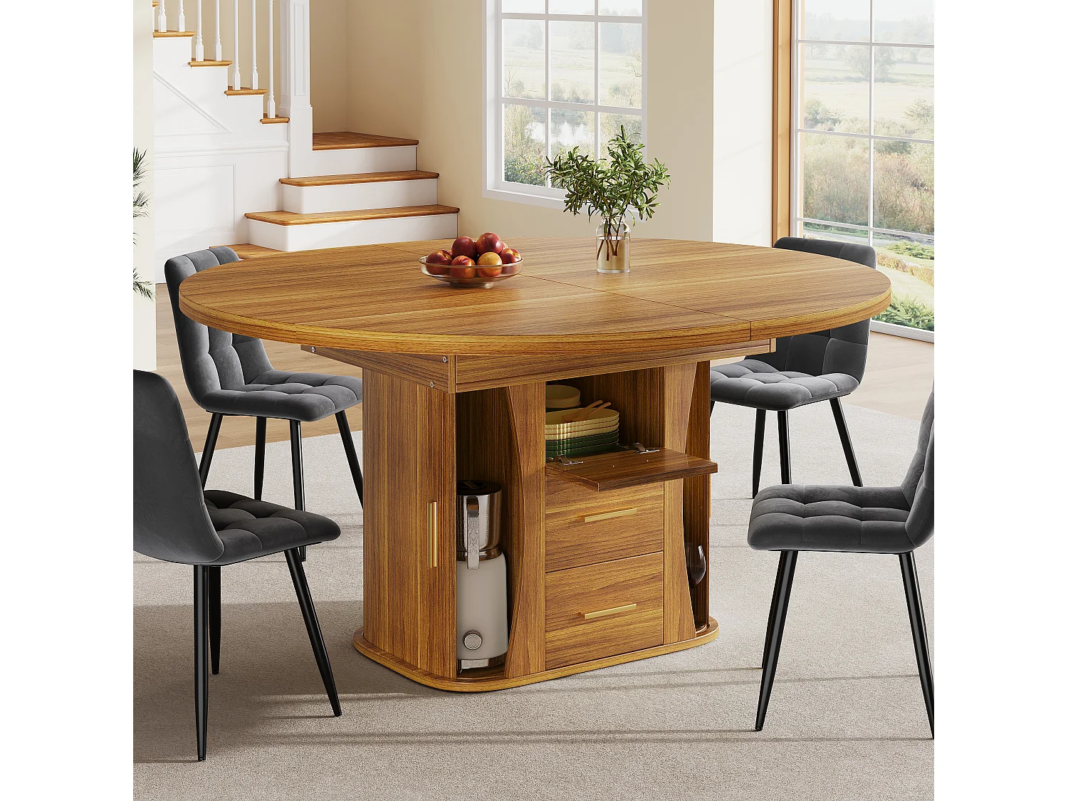 Table à manger extensible - MDF - Table ronde - 118-158 cm - 6 personnes - espace de stockage à 3 niveaux - Naturel