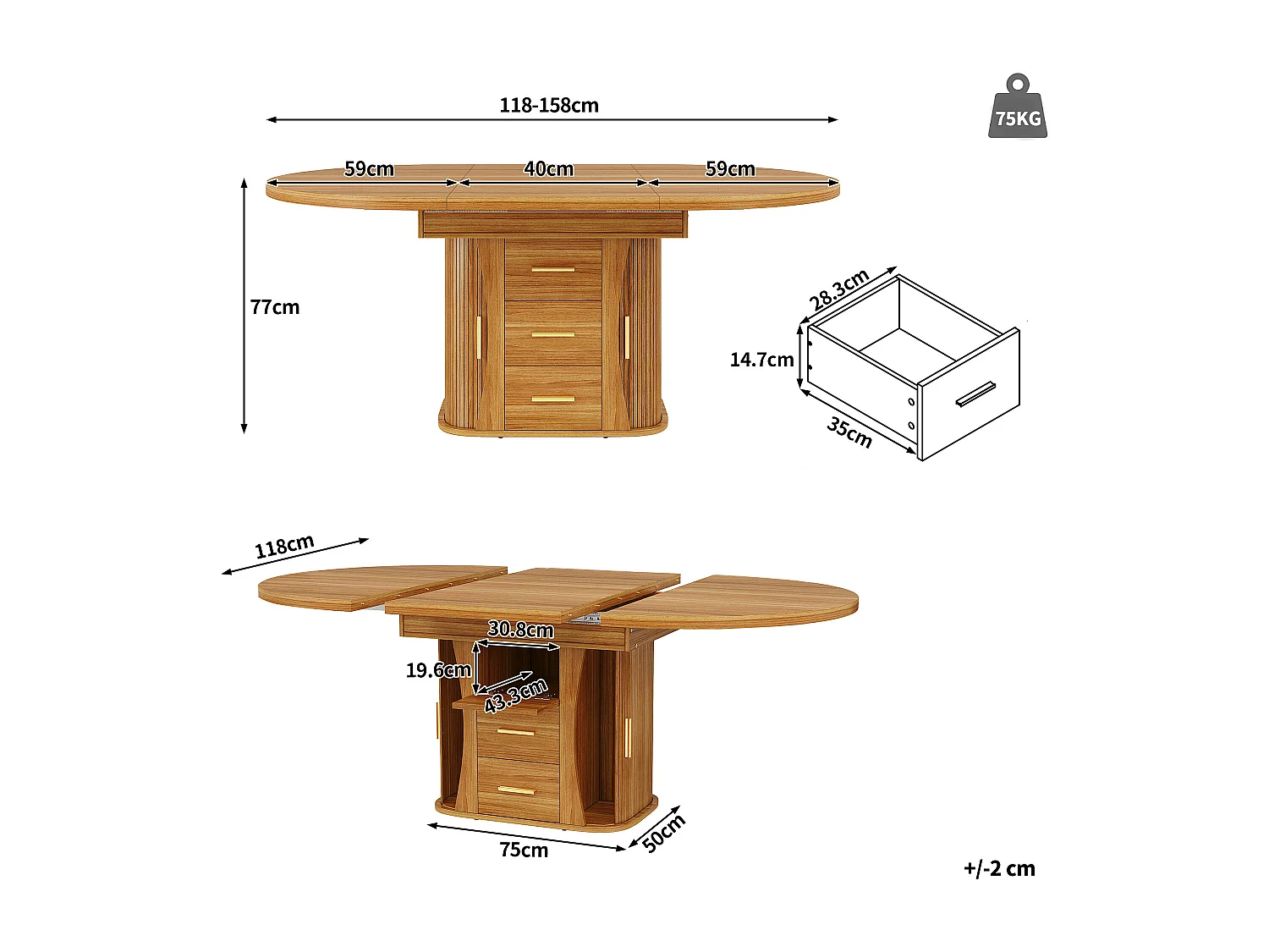 Table à manger extensible - MDF - Table ronde - 118-158 cm - 6 personnes - espace de stockage à 3 niveaux - Naturel