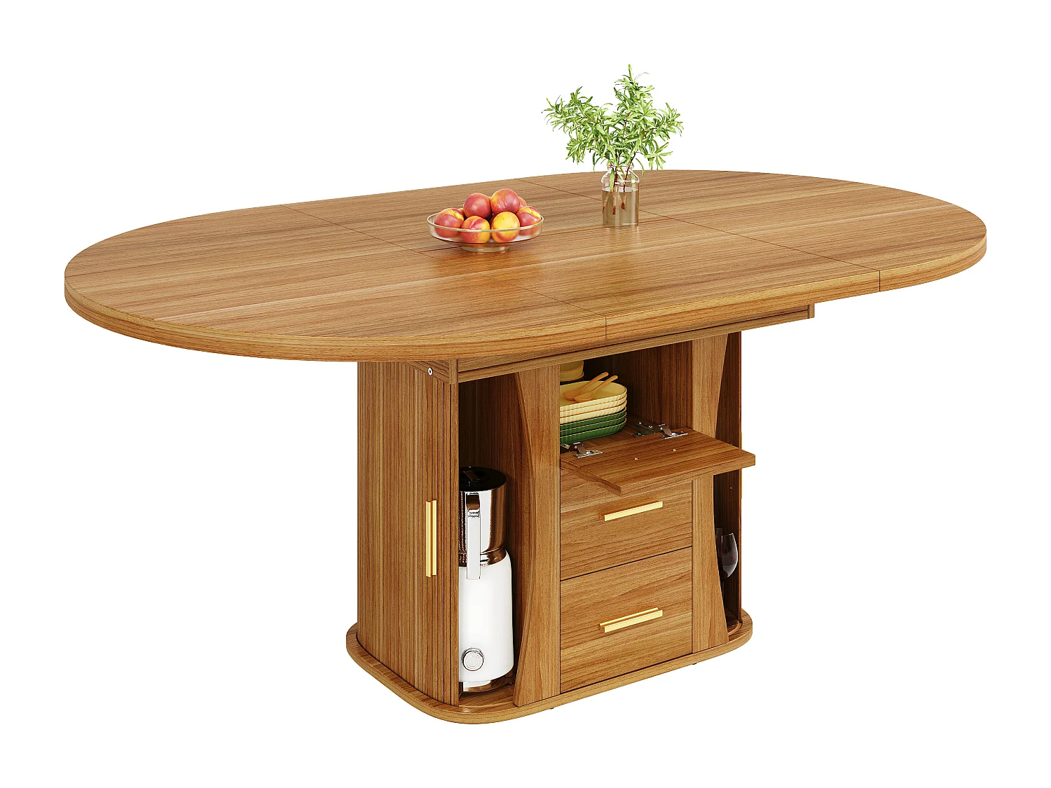 Table à manger extensible - MDF - Table ronde - 118-158 cm - 6 personnes - espace de stockage à 3 niveaux - Naturel