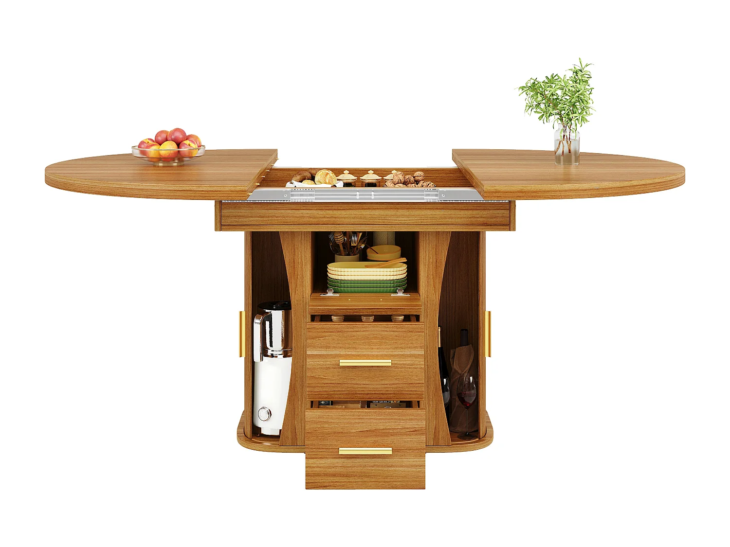 Table à manger extensible - MDF - Table ronde - 118-158 cm - 6 personnes - espace de stockage à 3 niveaux - Naturel