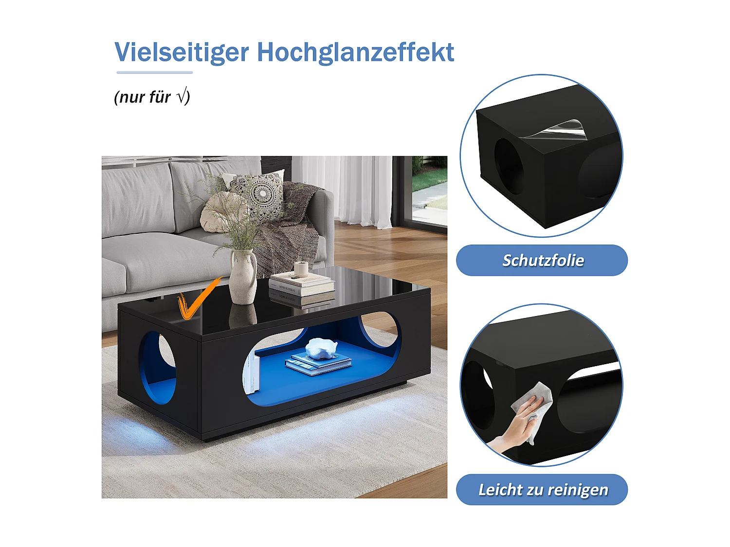 Hochglänzender Lack-Beistelltisch 100 x 50 x 35 cm - mit LED-Beleuchtung - durchbrochenes Design - MDF - schwarz