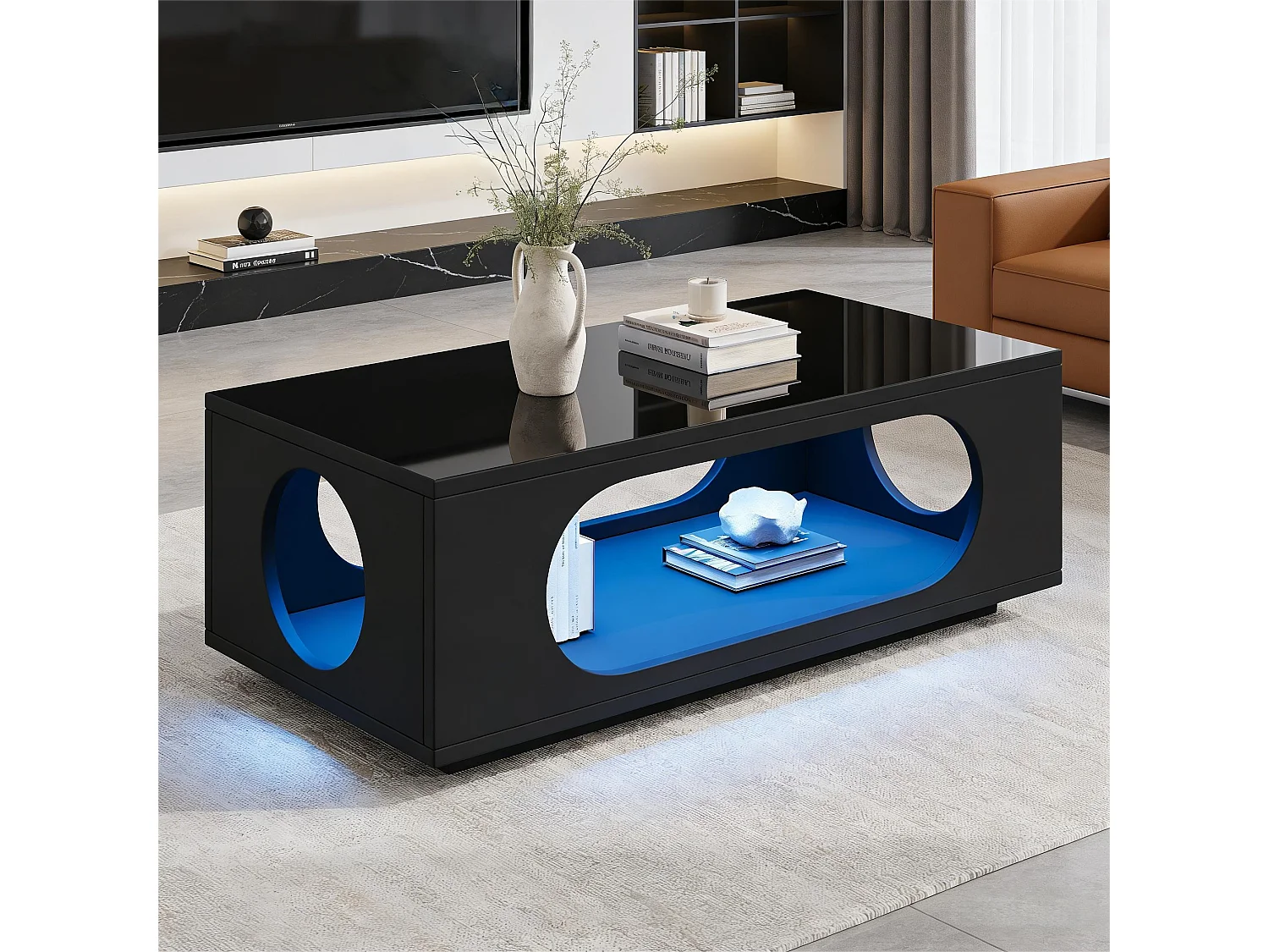 Hochglänzender Lack-Beistelltisch 100 x 50 x 35 cm - mit LED-Beleuchtung - durchbrochenes Design - MDF - schwarz