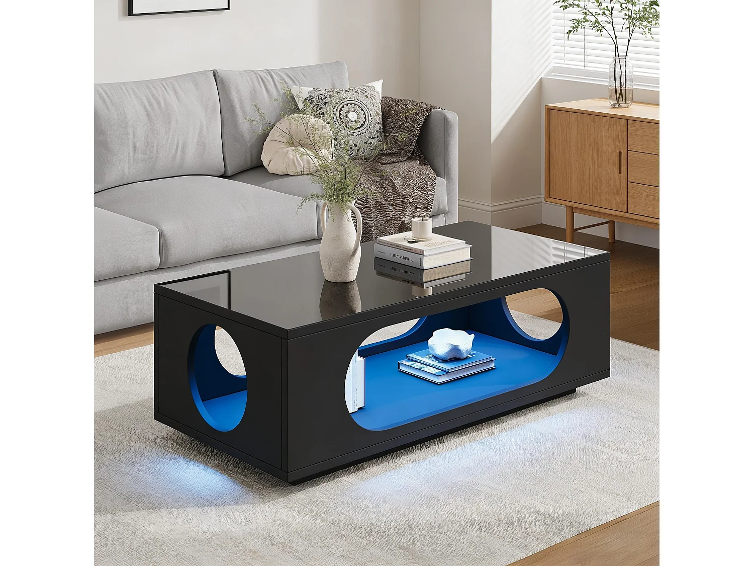 Hochglänzender Lack-Beistelltisch 100 x 50 x 35 cm - mit LED-Beleuchtung - durchbrochenes Design - MDF - schwarz