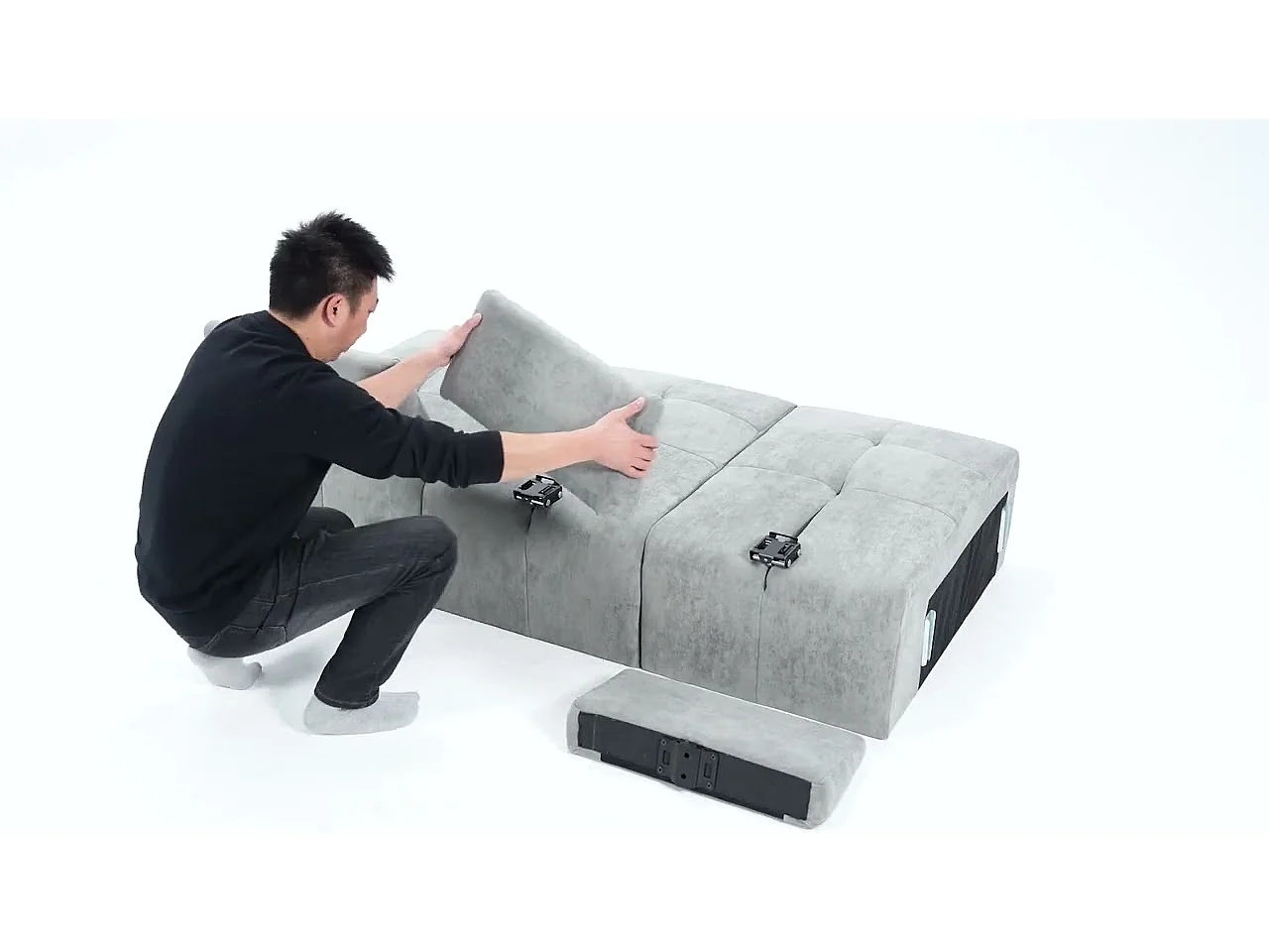 Canapé 3 places - Fonction couchage - Dossier réglable - Structure en bois massif - Tissu chenille - Gris