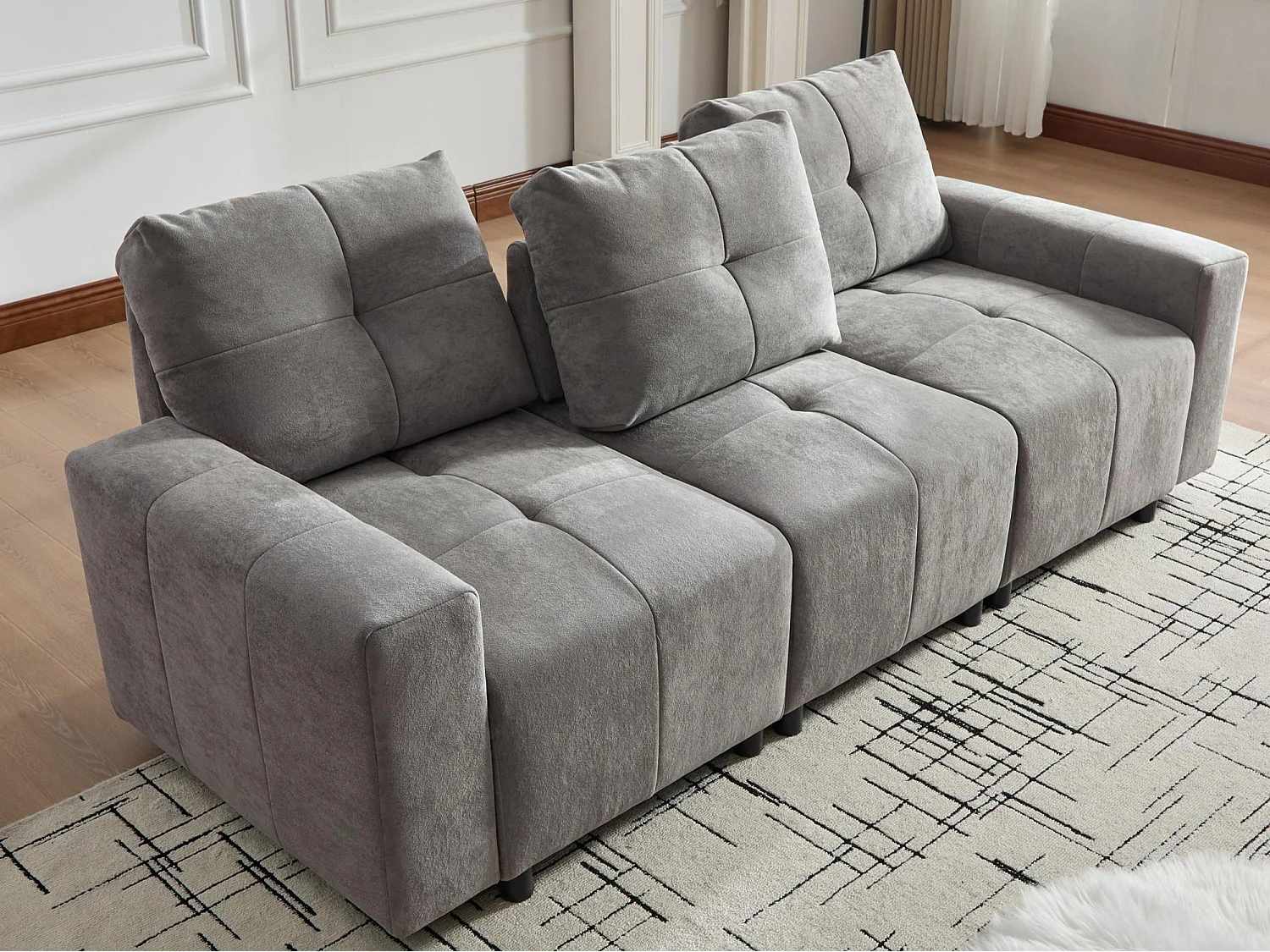 Canapé 3 places - Fonction couchage - Dossier réglable - Structure en bois massif - Tissu chenille - Gris