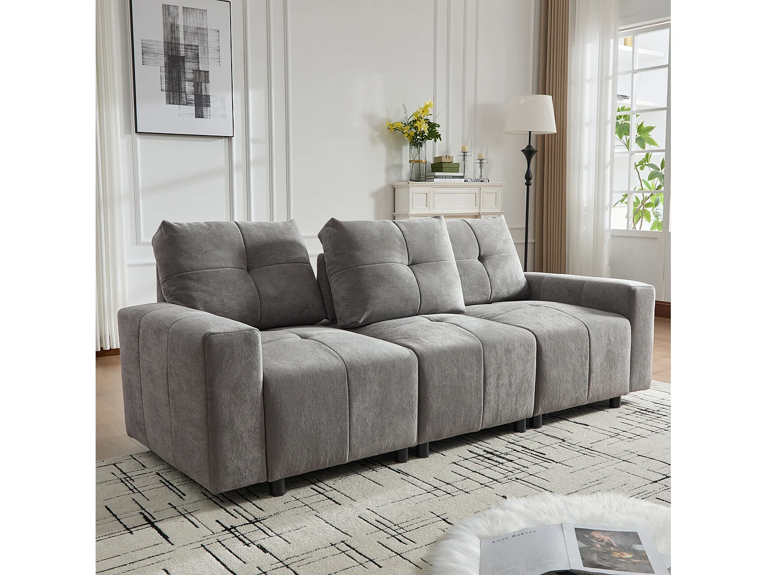 Canapé 3 places - Fonction couchage - Dossier réglable - Structure en bois massif - Tissu chenille - Gris