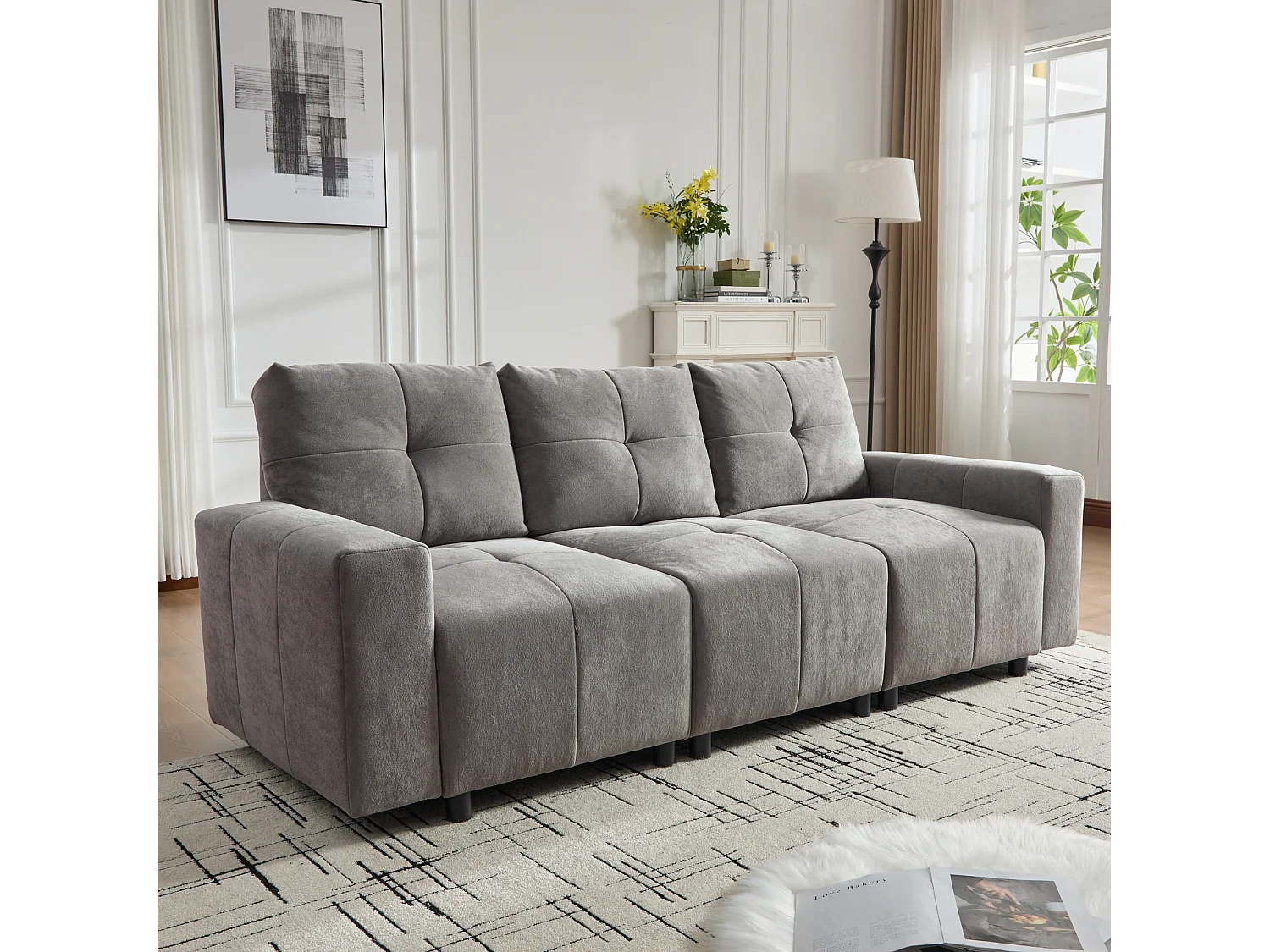 Canapé 3 places - Fonction couchage - Dossier réglable - Structure en bois massif - Tissu chenille - Gris