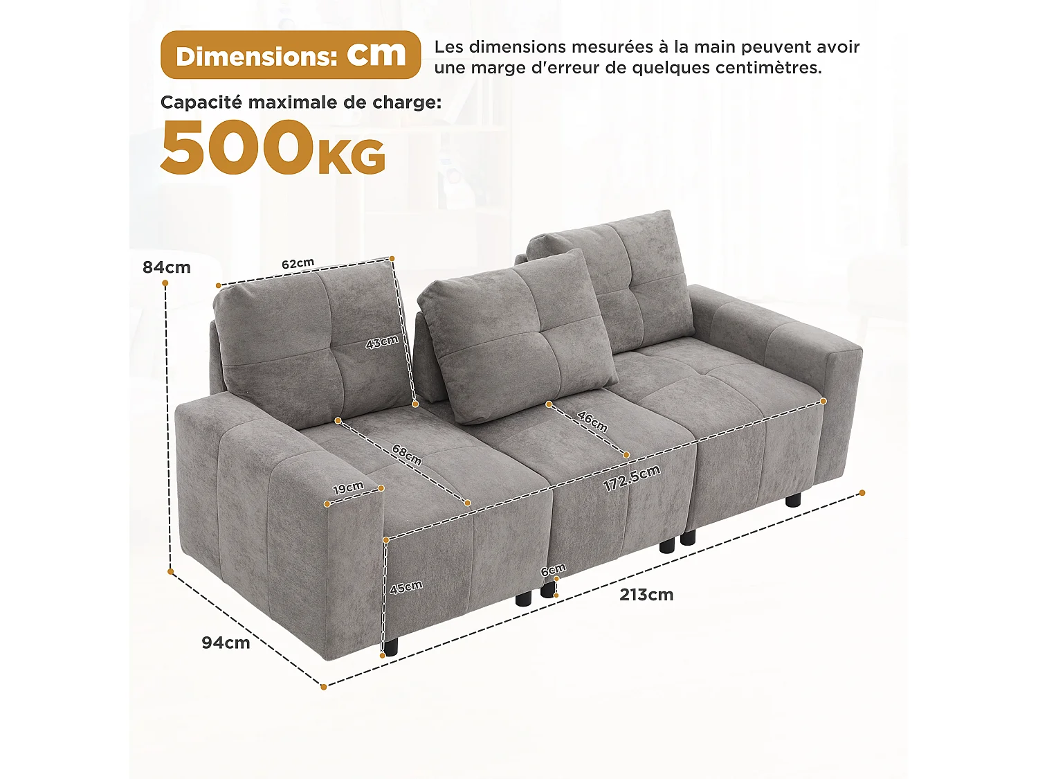 Canapé 3 places - Fonction couchage - Dossier réglable - Structure en bois massif - Tissu chenille - Gris