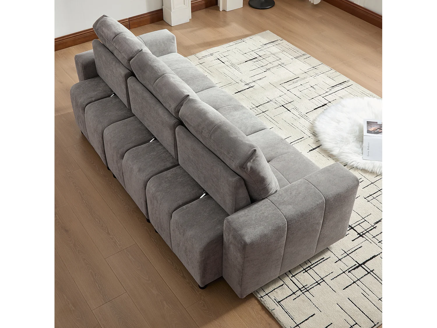 Canapé 3 places - Fonction couchage - Dossier réglable - Structure en bois massif - Tissu chenille - Gris